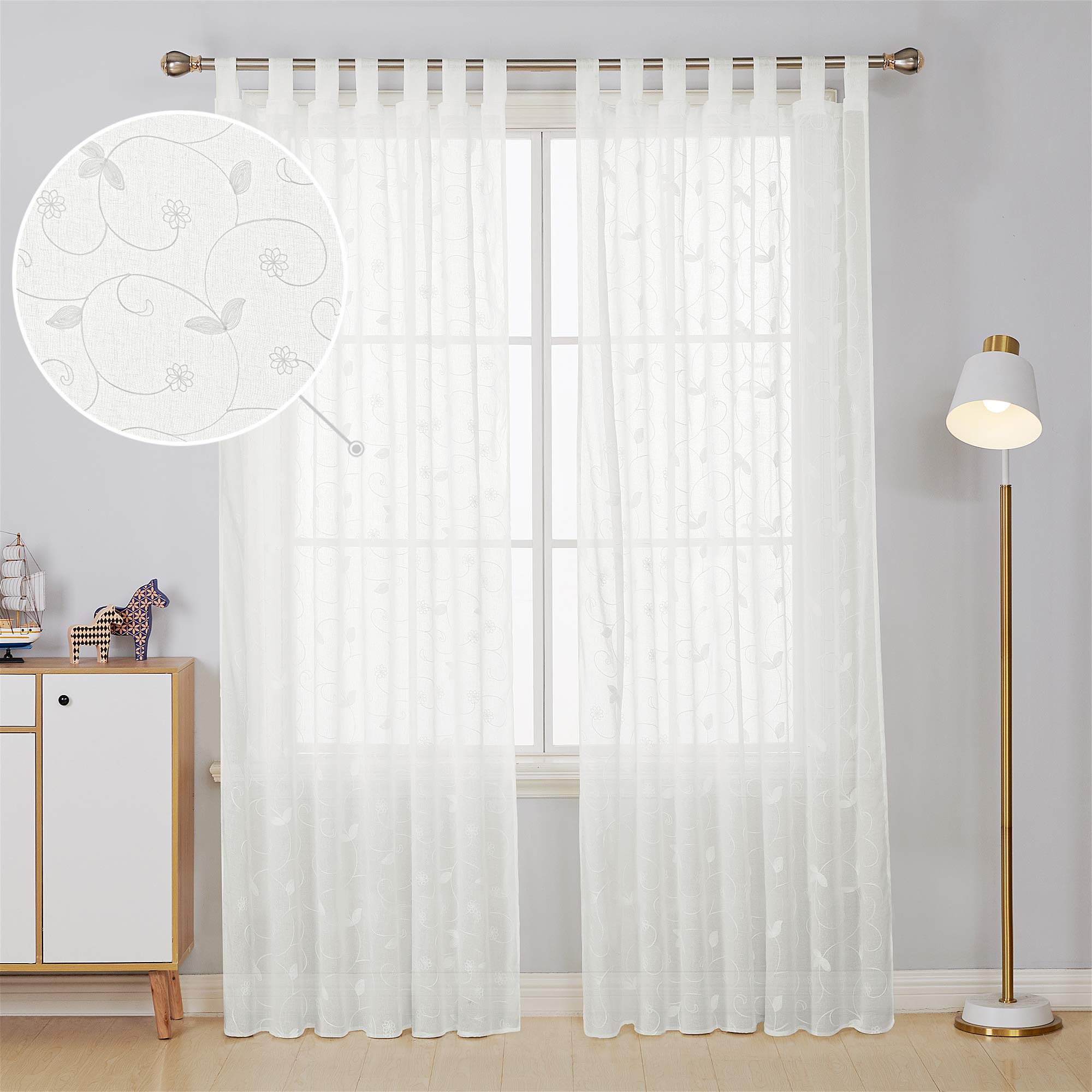 Deconovo - Sheer Curtain with Luxurious Embroidery, Polyester, White, 245 x 140 cm Global Recycled Standard Global Recycled Standard Global Recycled Standard