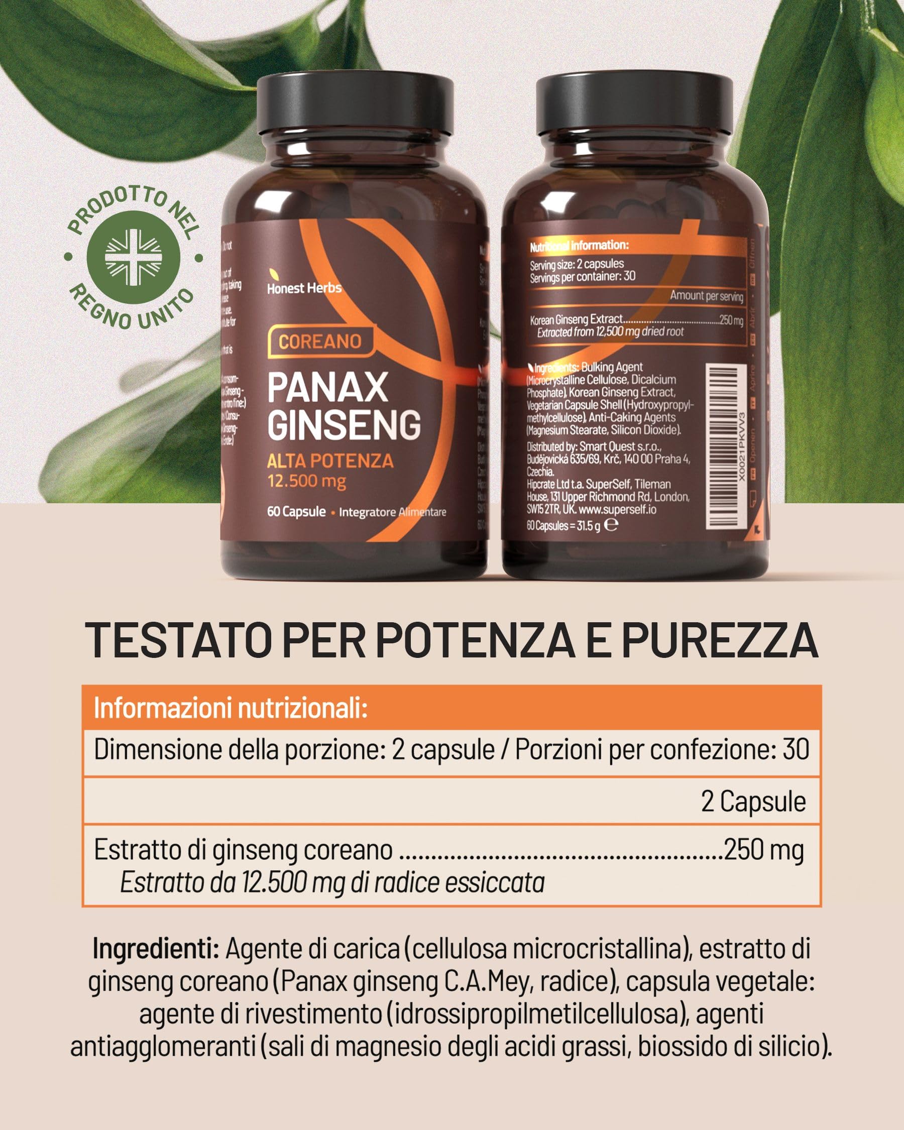 Panax Ginseng Rosso Coreano - Integratore Alimentare ad Alta Concentrazione 12.500 mg - Estratto di Radice di Ginseng con 30% di Ginsenosidi - 60 Capsule - Vegano