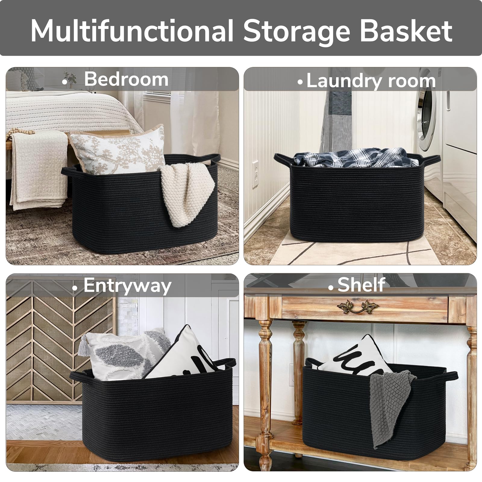 TIMEYARD Cesto portabiancheria intrecciato, nero, cestino intrecciato, cestino portaoggetti per giocattoli, Square Laundry Baskets, cestino portaoggetti per coperte, cuscini, cestino per gli ospiti,