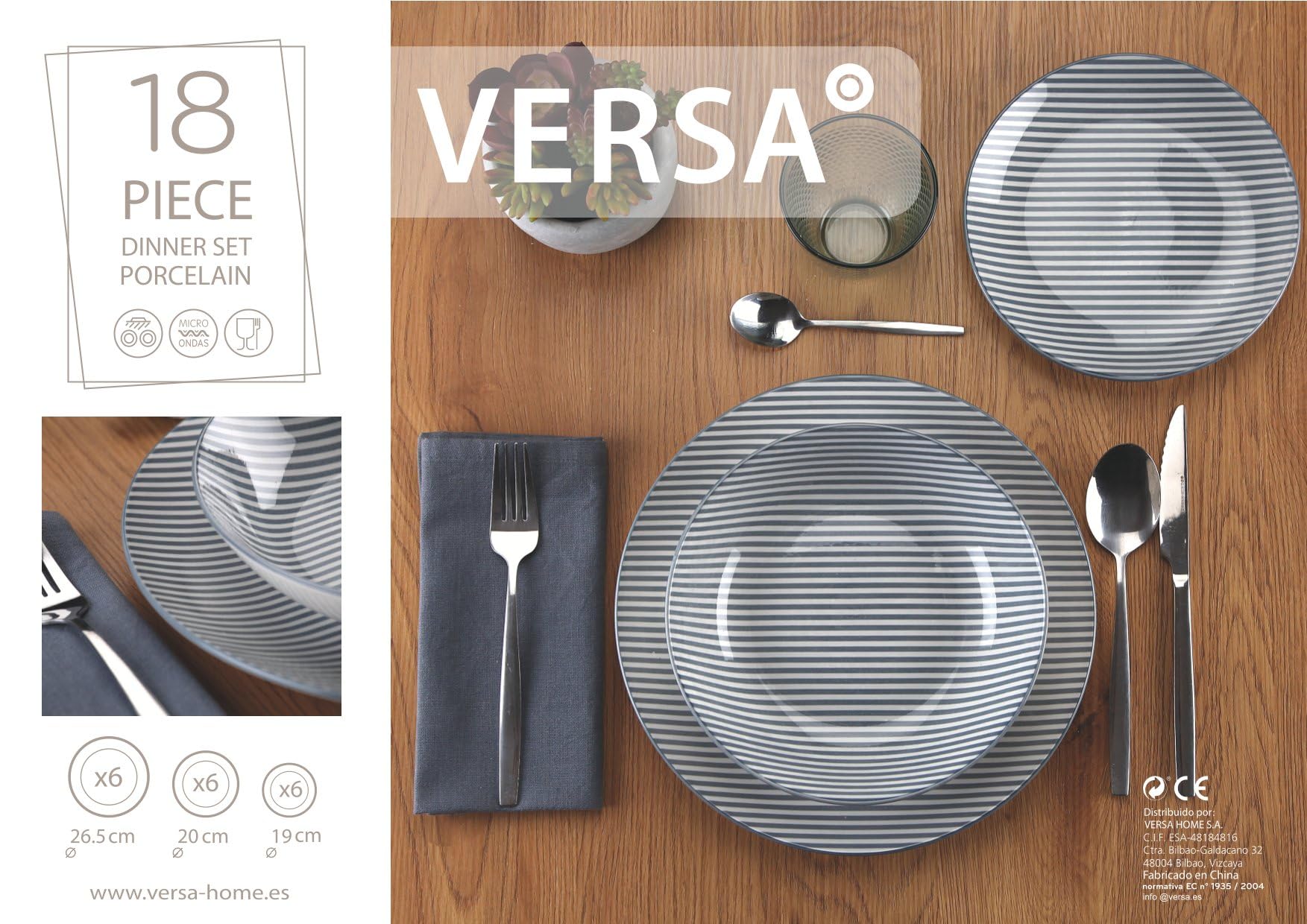Versa Servizio da tavola 18 pezzi a righe, stile moderno, 3x26,5x26,5 cm, porcellana, blu