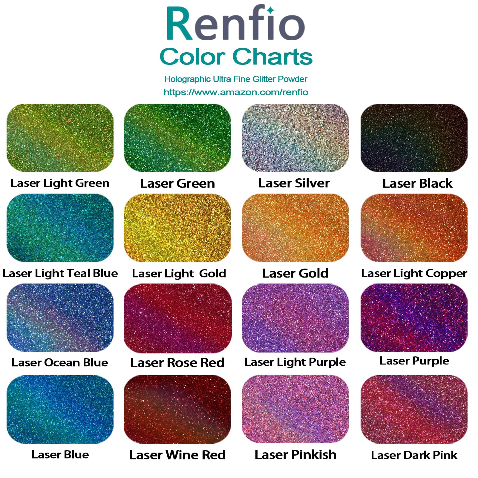 Renfio Purpurina holográfica, juego de purpurina de resina de 16 colores, 15 g cada uno, purpurina extrafina para manualidades, PET de 1/128 pulgadas, accesorios de resina epoxi, polvo de purpurina