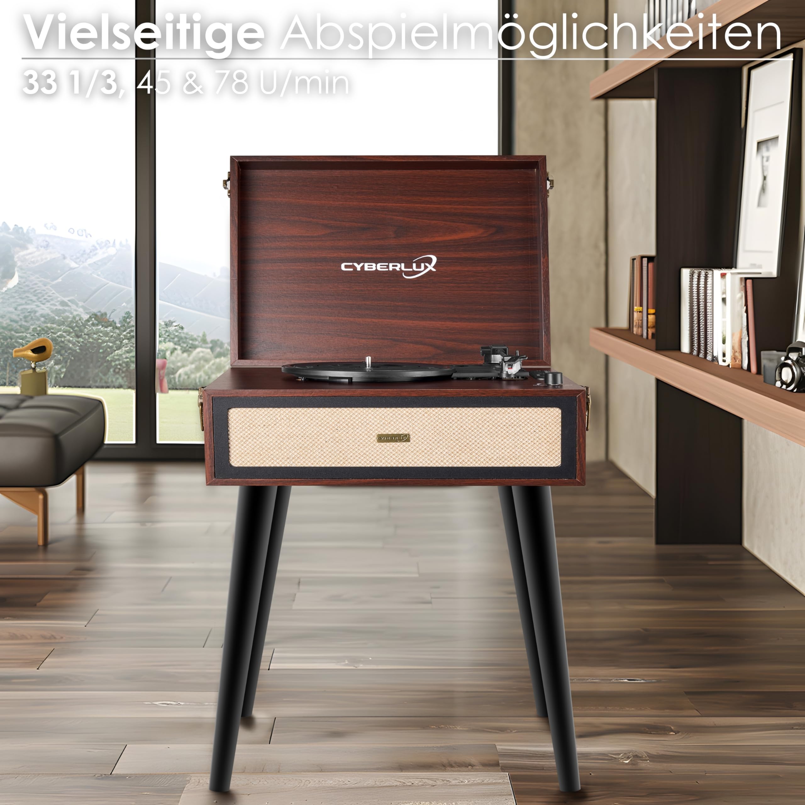 Tourne-disque rétro avec support et haut-parleur Full Range Bluetooth, radio FM, USB, entrée AUX IN, fente micro SD, tourne-disque vinyl nostalgique, tourne-valise avec pieds