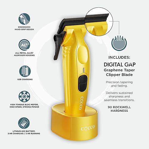 Miniatura 4 de Cocco Hyper Veloce Pro Clipper, Digital Gap Ambassador Graphene Taper Blade Profesional Clipper, Motor BLDC de alto par, totalmente metálico,