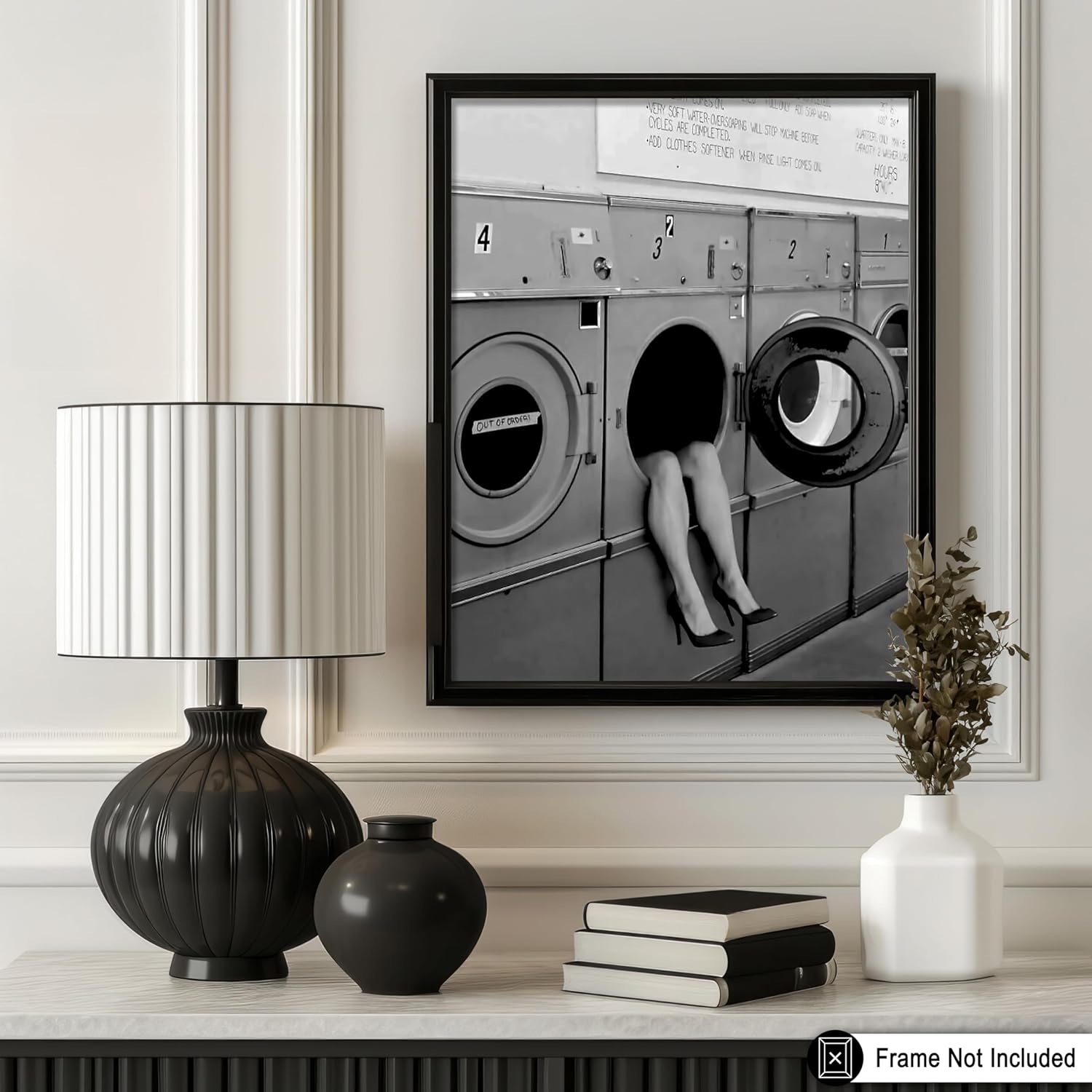 Monem Art Washing Machine Poster - Woman in High Heels Print - Photography Art - Black and White Design - Humorous Illustration - Funny Laundry Room Decor - 24x32 UNFRAMED Wall Decor