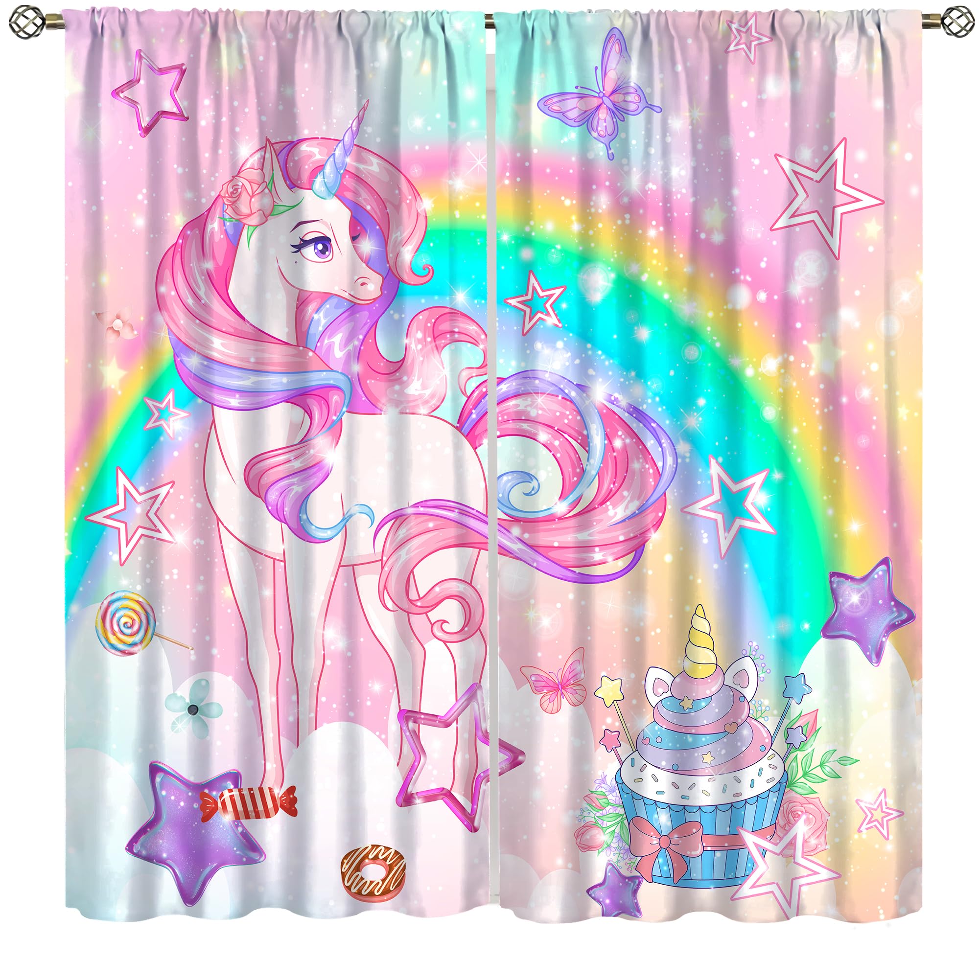AAVEUP Unicorn Blackout Curtains for Girls Dream Ombre Rainbow Pink Gold Princess Unicorn Colorful Cake Stars Window Drapes Print for Kids Baby Nursery Bedroom Living Room 72x63in