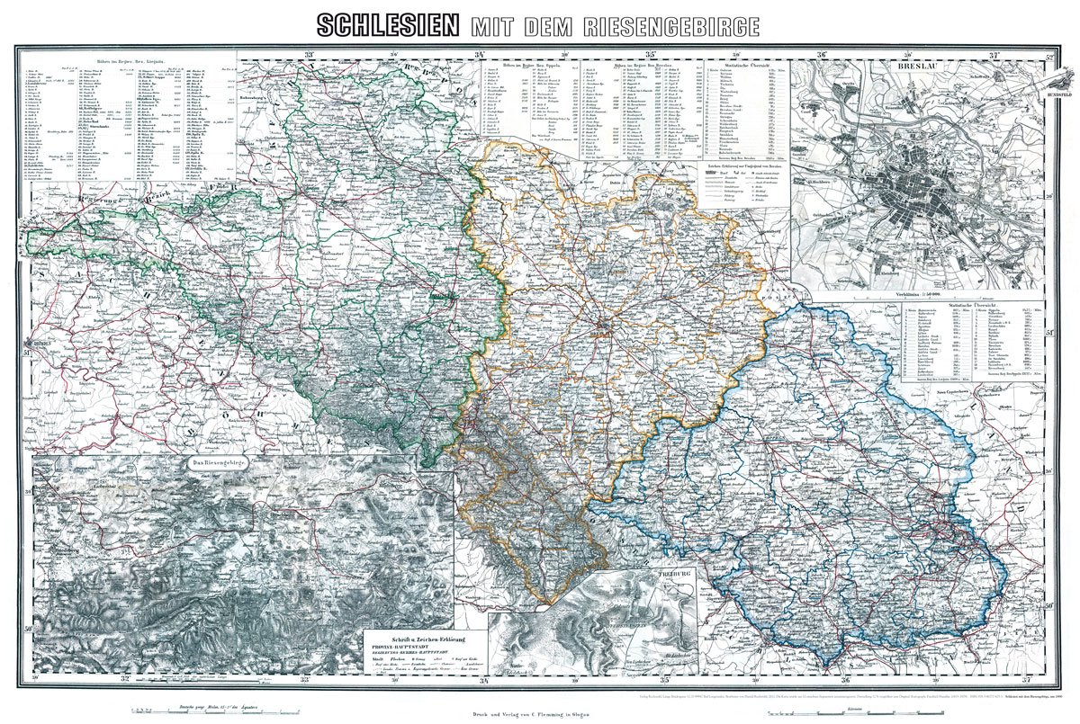 General-Karte von Schlesien mit dem Riesengebirge - um 1890 [gerollt]: Historische Karte [Regierungsbezirk Liegnitz, Oppeln und Breslau]