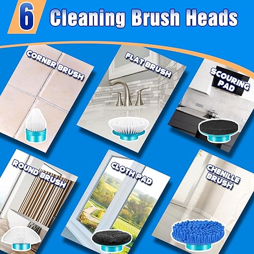 Miniatura 5 de Depurador eléctrico giratorio, limpiador giratorio de ducha inalámbrico con 5 cabezales de cepillo, brazo de extensión ajustable, cepillo de