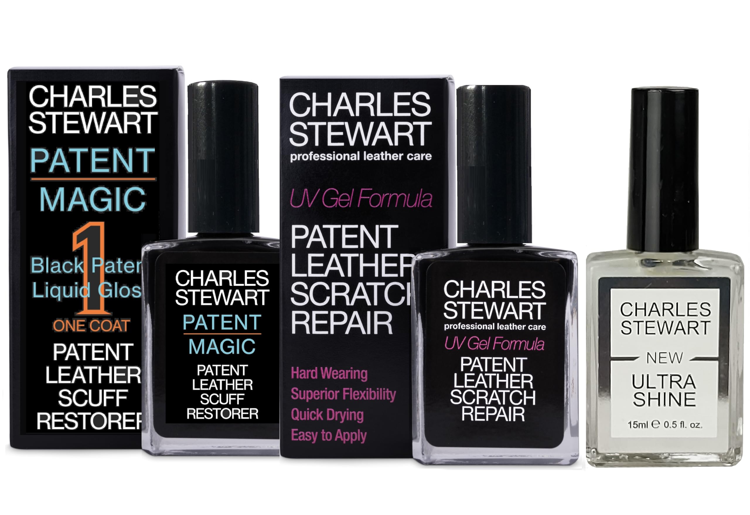 Charles Stewart Patent Leather Repair Kit | Patent Magic One-Coat & Scratch Repair & Ultrashine Top Coat; Premium Value Pack
