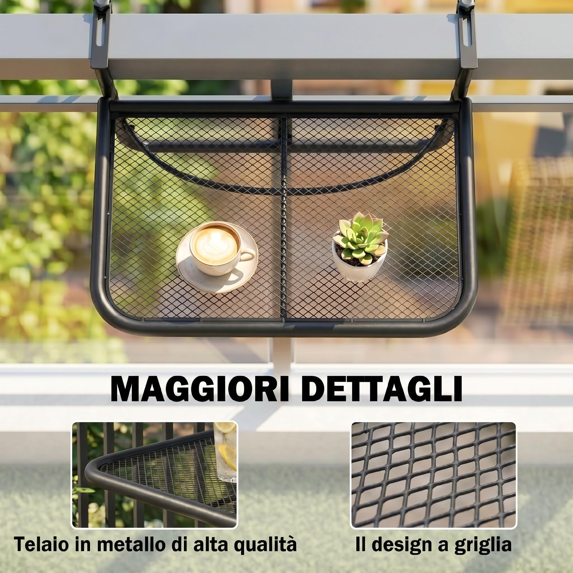 Outsunny Tavolino da Balcone Pieghevole in Metallo 3 Altezze Regolabili 60x56.5x45cm Nero