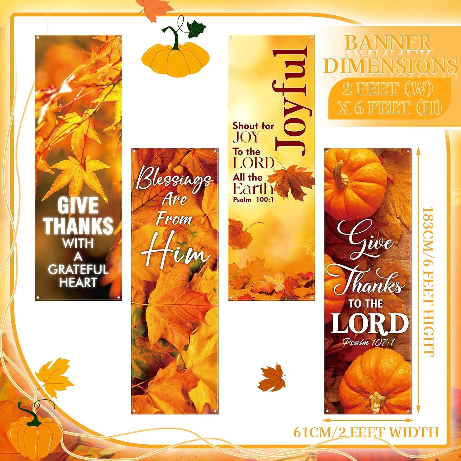 Hosuly 4 Pcs Fall Church Banners for Sanctuary Wall Thanksgiving Harvest Banners with Scripture Bible Verse Banner Welcome Religious Praise Hanging Signs for Church Decor, 2 x 6 Feet (Classic Style)