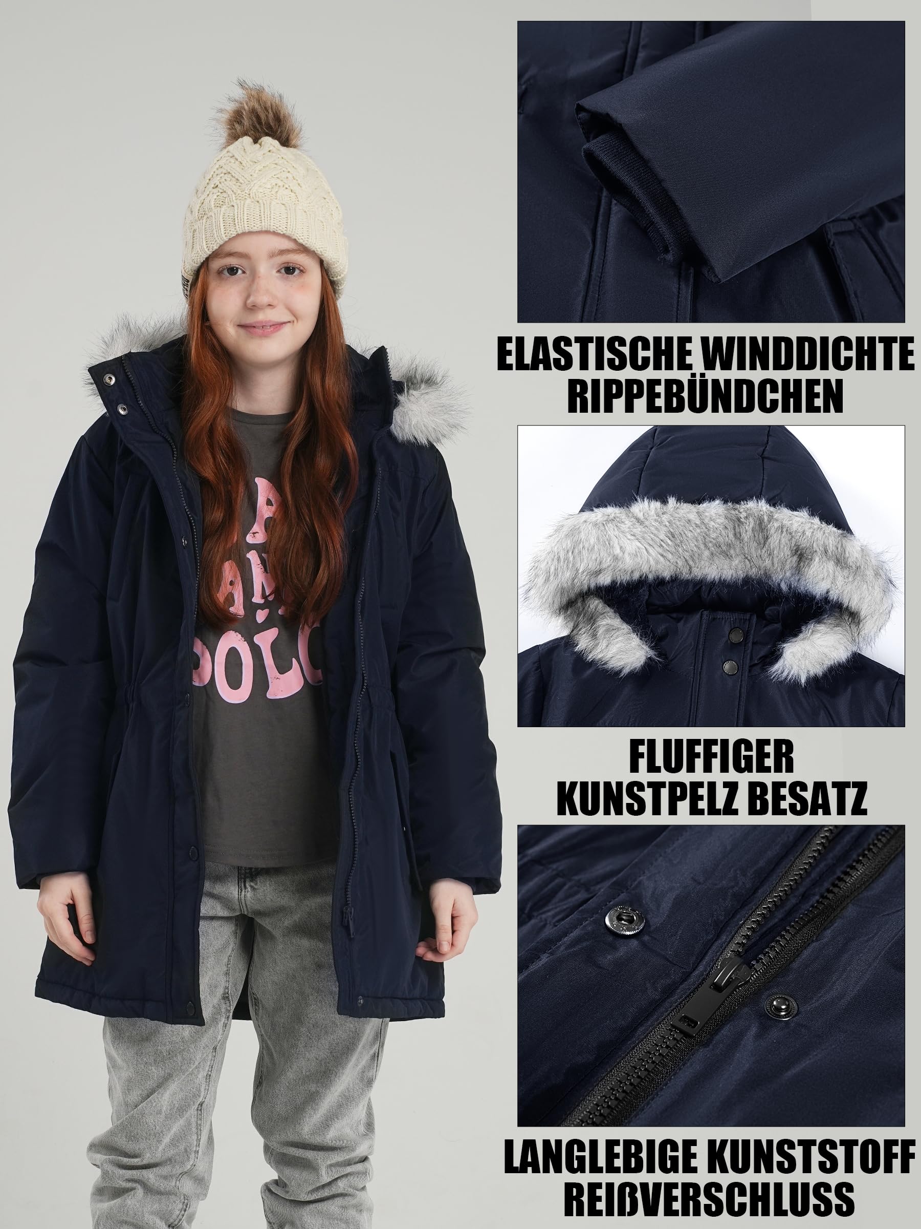 SOLOCOTE Mädchen Wintermantel wasserabweisend wattiert mit Kapuze Sherpa Futter Kunstpelzbesatz schwerer langer Parka für Kinder