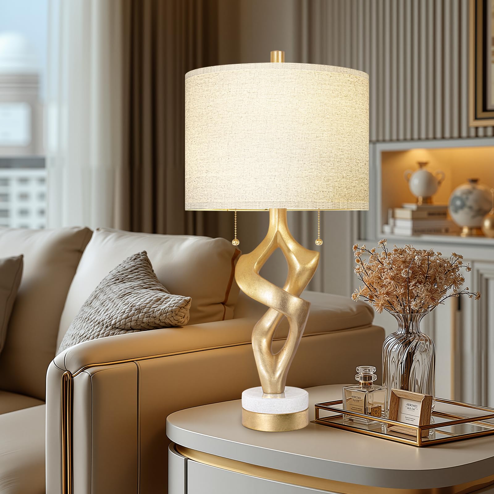 Scenekoy Set di 2 lampade da tavolo scultoree con porte USB per camera da letto soggiorno 66 pollici foglia oro base marmo lampade da comodino interruttore catena moderno per
