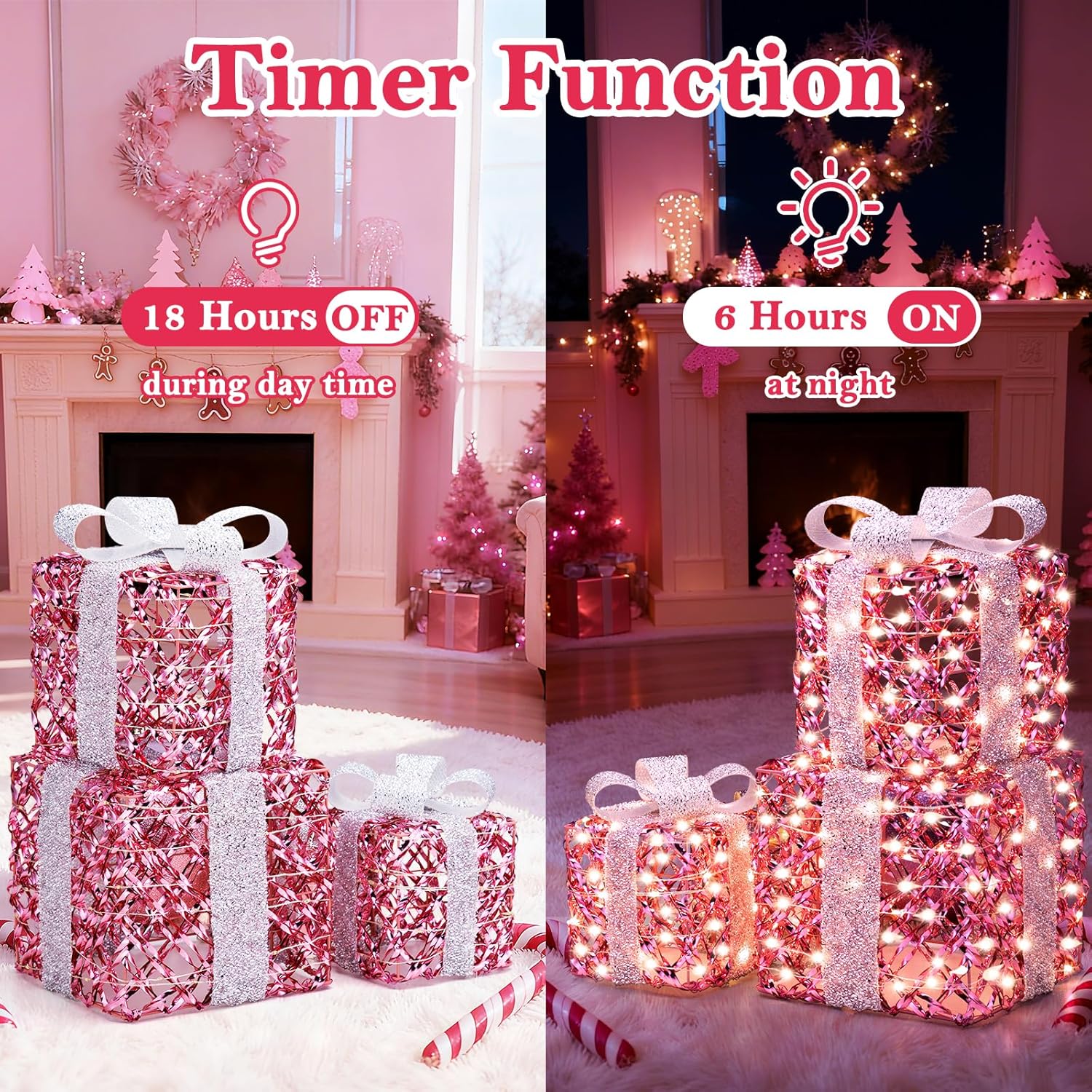 Christmas Lighted Gift Boxes, 170 LEDs Pink Christmas Decorations with Silver Bow, 8 Modes & Timer Set of 3 Plug-in Warm White Xmas Lights Decor for Yard Door Holiday Party Indoor Outdoor