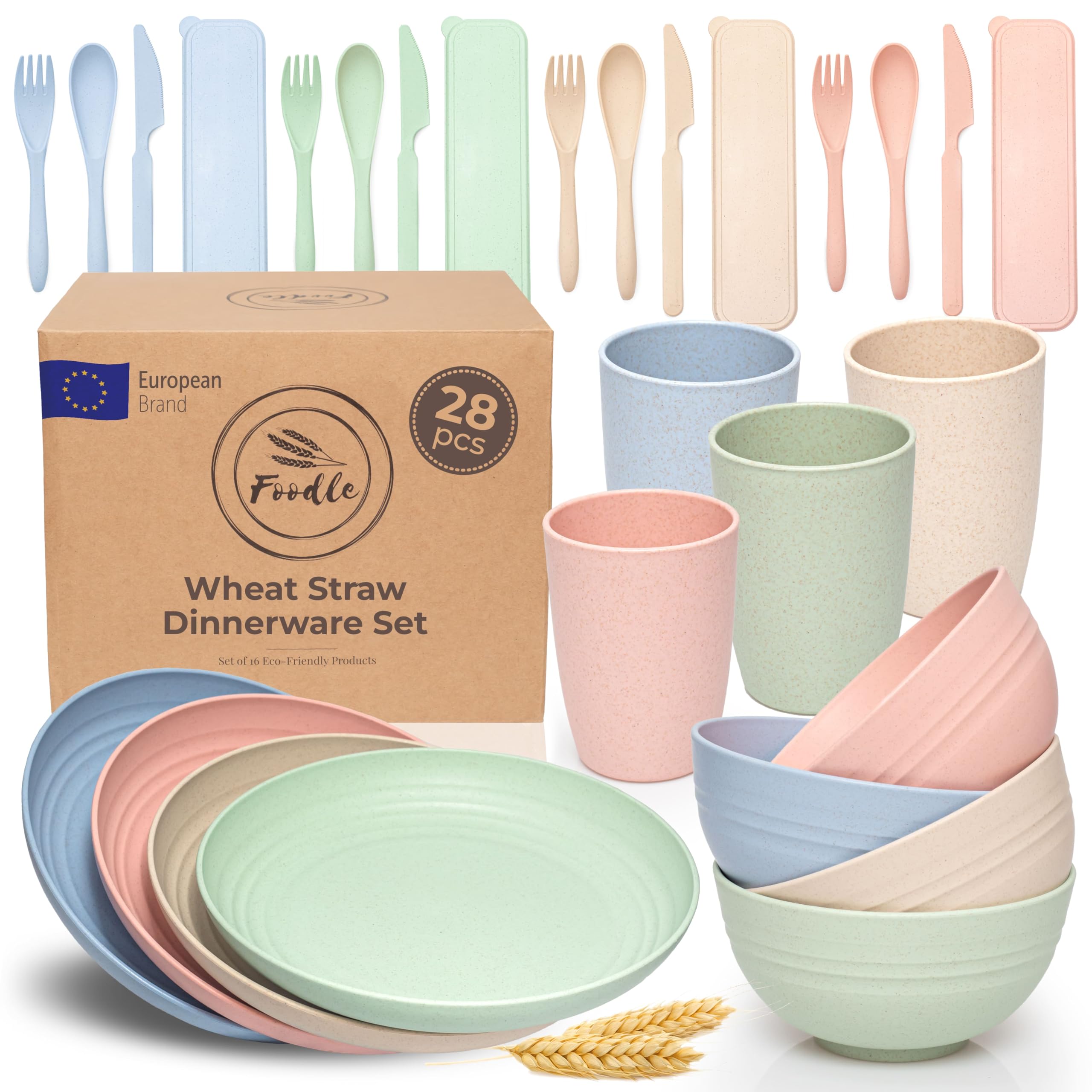 FOODLE Wheat Straw Dinnerware Set - BPA Free & Safety Tested - Dishwasher & Microwave Safe - Toddler & Kids Plates and Bowls Sets - Plastic Plates Reusable - Perfect for RV, Camping Dishes - For 4