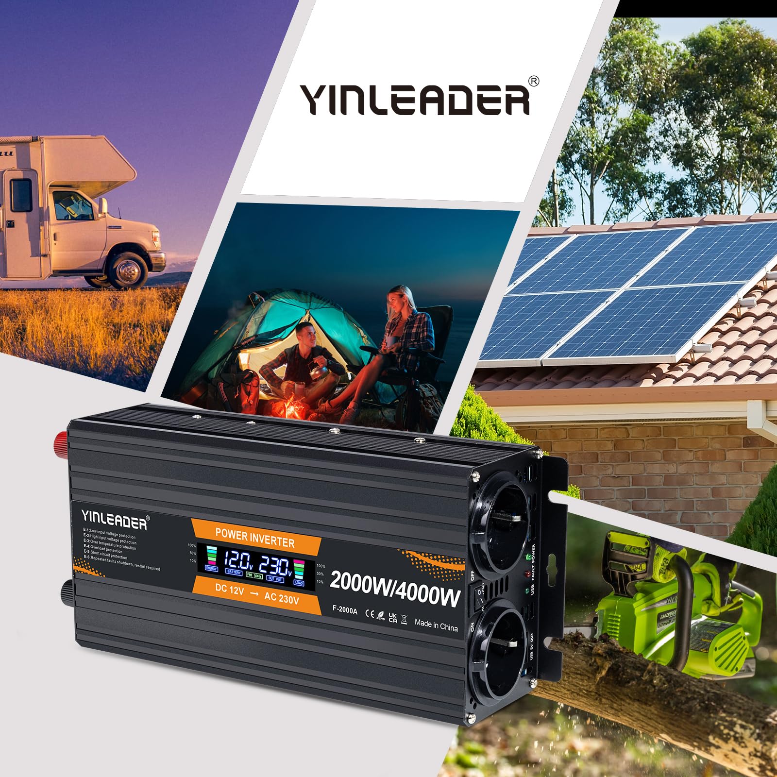 Yinleader - Convertidor de potencia (12 V, 220 V, 2000 W, 2000 W, convertidor de potencia, pantalla LCD, 2 tomas de CA para panel solar, coche VR