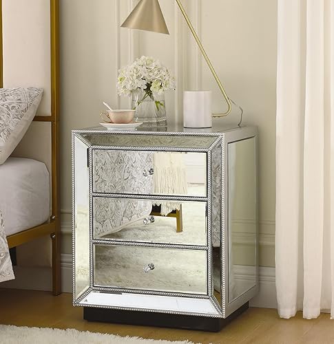 Miniatura 10 de Henf Mesita de noche espejada, mesa auxiliar doradaplateada con 3 cajones, mesa de acento de espejo con perilla de cristal, mesa auxiliar para