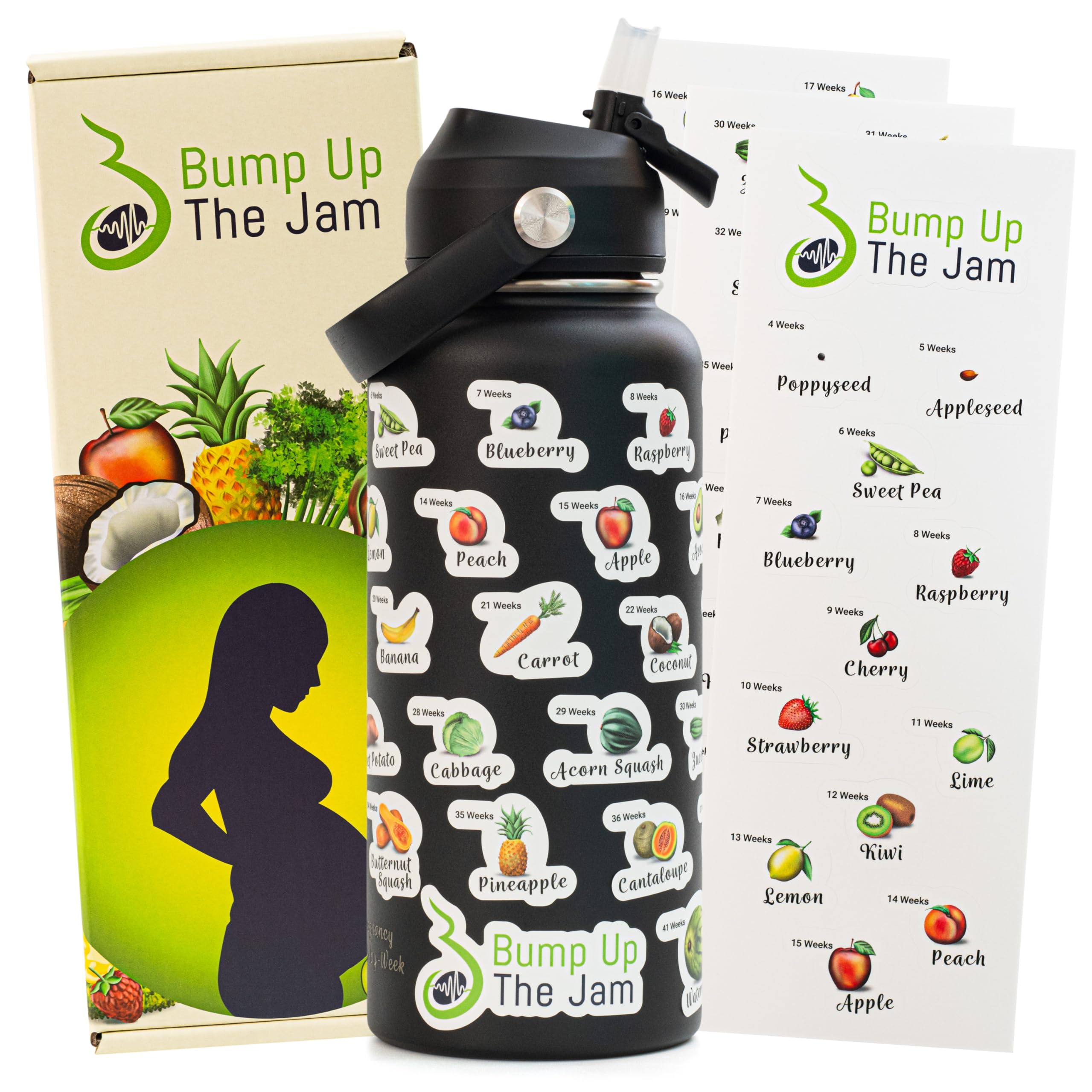 Pregnancy Water Bottle Tracker - 32 Ounce Stainless Steel - Includes Weekly Pregnancy Tracker Stickers (Midnight Black Color)