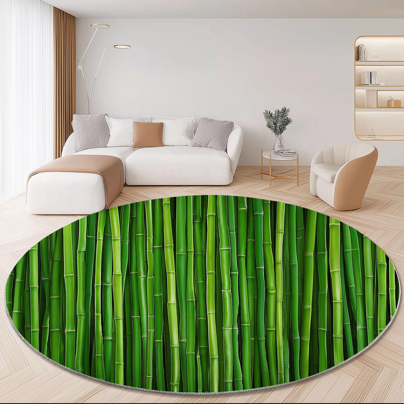 Tappeto Rotondo 120 cm, Morbido, Lavabile, Verde, con Stampa di Piante e bambù, Antiscivolo, Leggero, Ideale per Soggiorno, Sala da Pranzo, Cucina, Camera da Letto e Ingresso.