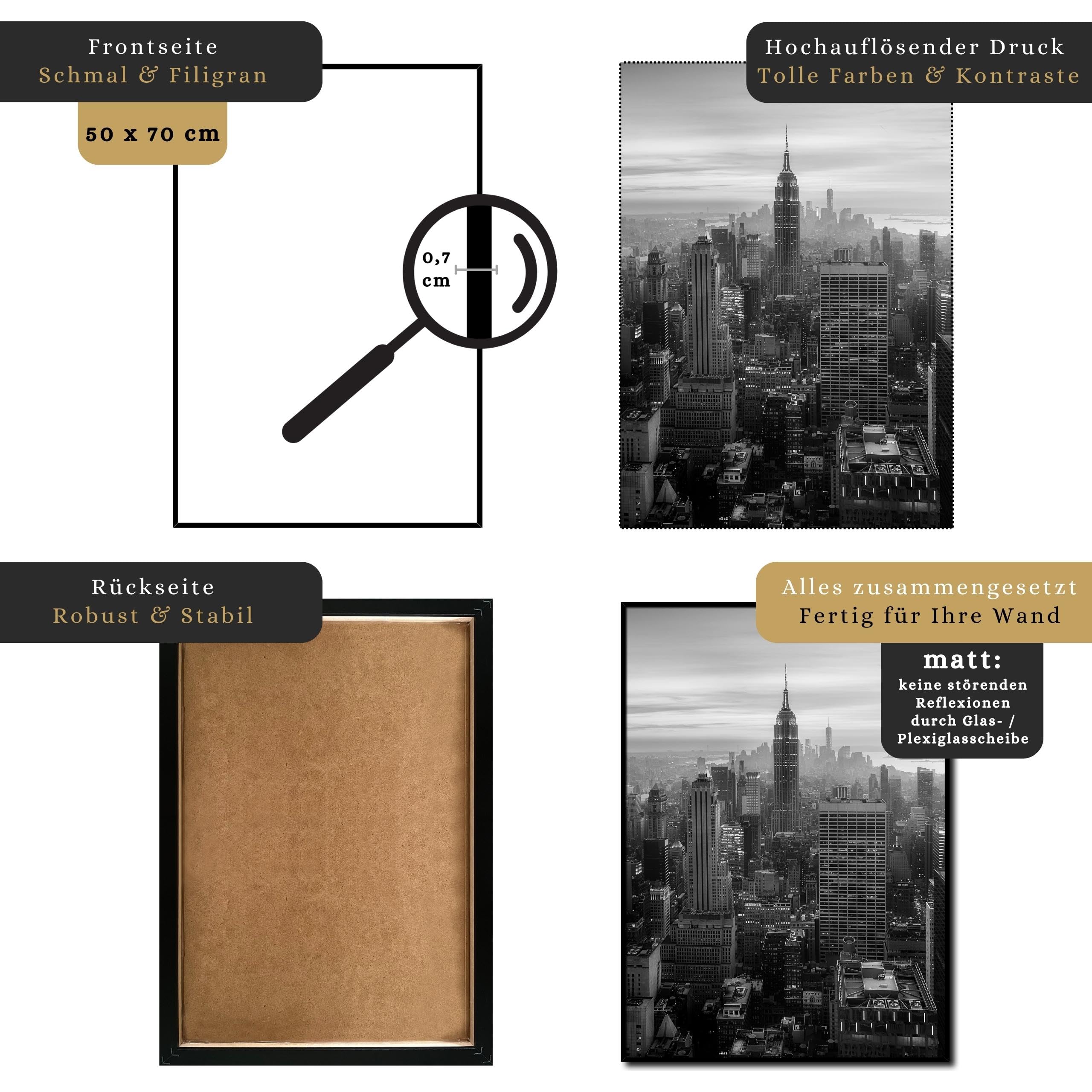 daazoo Bild New York Empire State Building mit Rahmen 50 x 70 cm (AUFHÄNGFERTIG) - Blick auf die Skyline von New York - Gerahmtes Wandbild - Bilder Set - schwarzweiß schwarzweiss schwarz weiss weiß