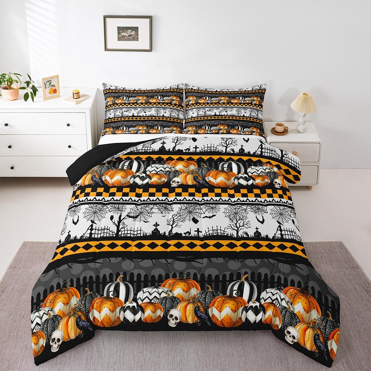 Halloween Pumpkin Lantern Comforter Set Queen Size,Kids Teens Cartoon Bat Spider Web Quilt Set,Black Orange Patchwork Plaid Bedding Set 3Pcs,Gothic Festival Decor Duvet Insert,2 Pillowcases