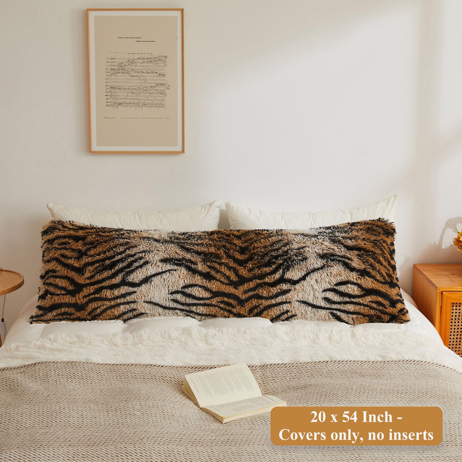 XeGe Flauschiger Kunstfell-Kissenbezug mit Tiger-Druck, 1,4 m, Braun | Fuzzy Body Pillow Case with Hidden Zipper, Decorative Long Plush Standard Bolster Pillowcase for Pregnant Women Side Sleeper