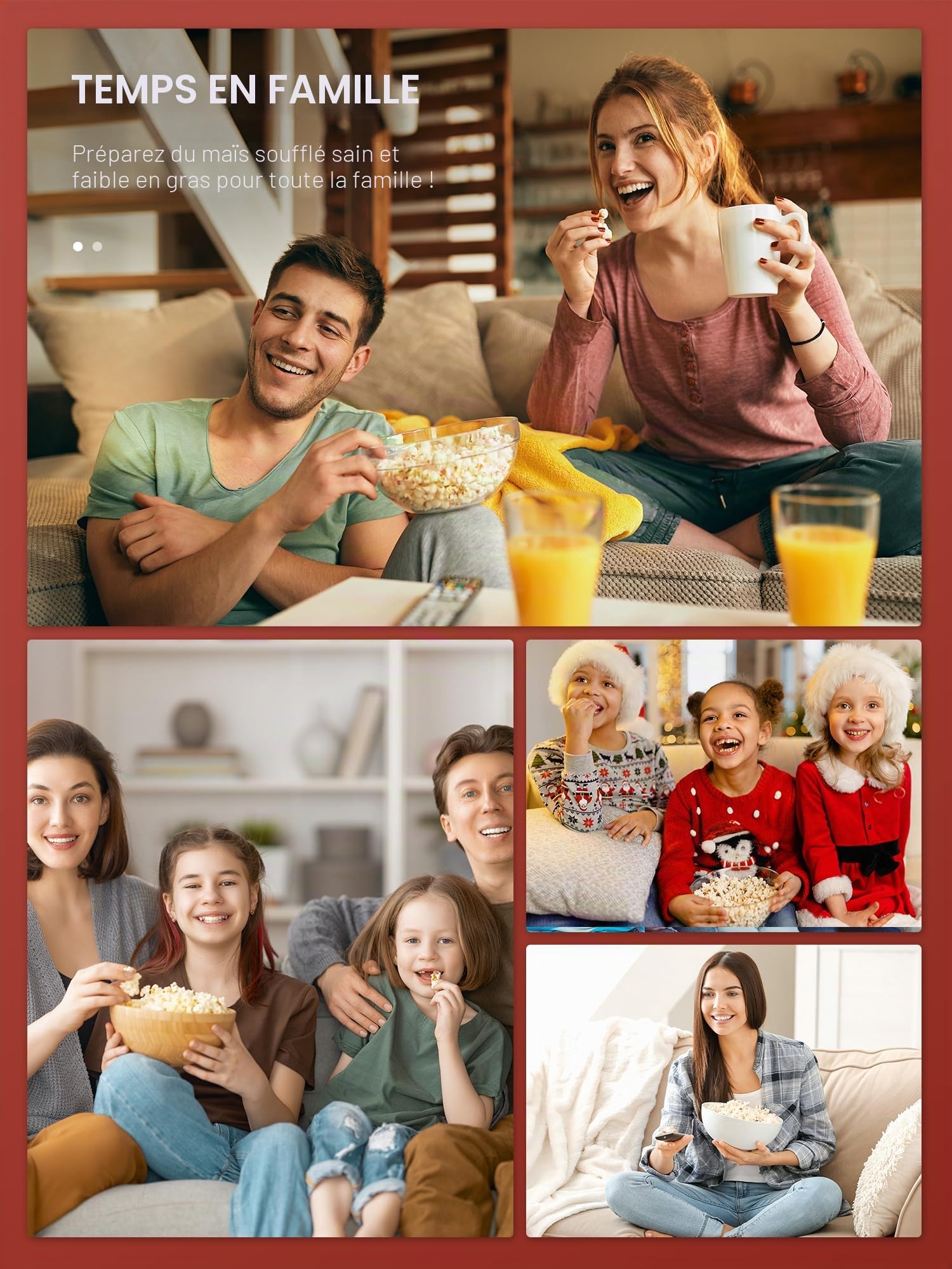 Machine à popcorn, Reemix 1200W Machine à popcorn électrique, Sans huile, Popcorn frais fait maison en moins de 3 minutes, Utilise de l'air chaud, Couvercle détachable, Fêtes, Soirées cinéma, Rouge
