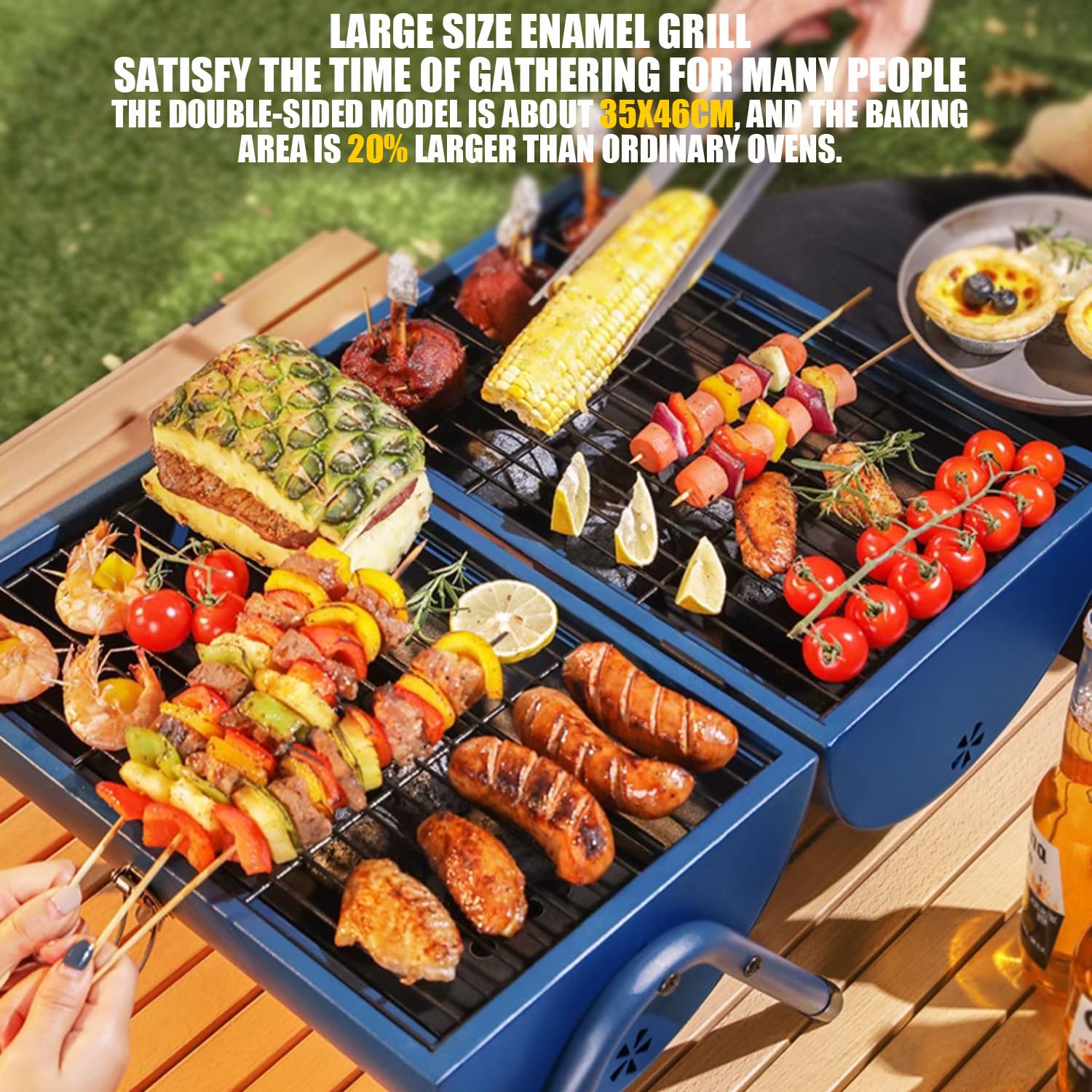 Barbecue portatile 3 in 1 con coperchio per affumicatore, grande griglia a carbone per arrostire e stufare, ideale per scrivania, campeggio, blu