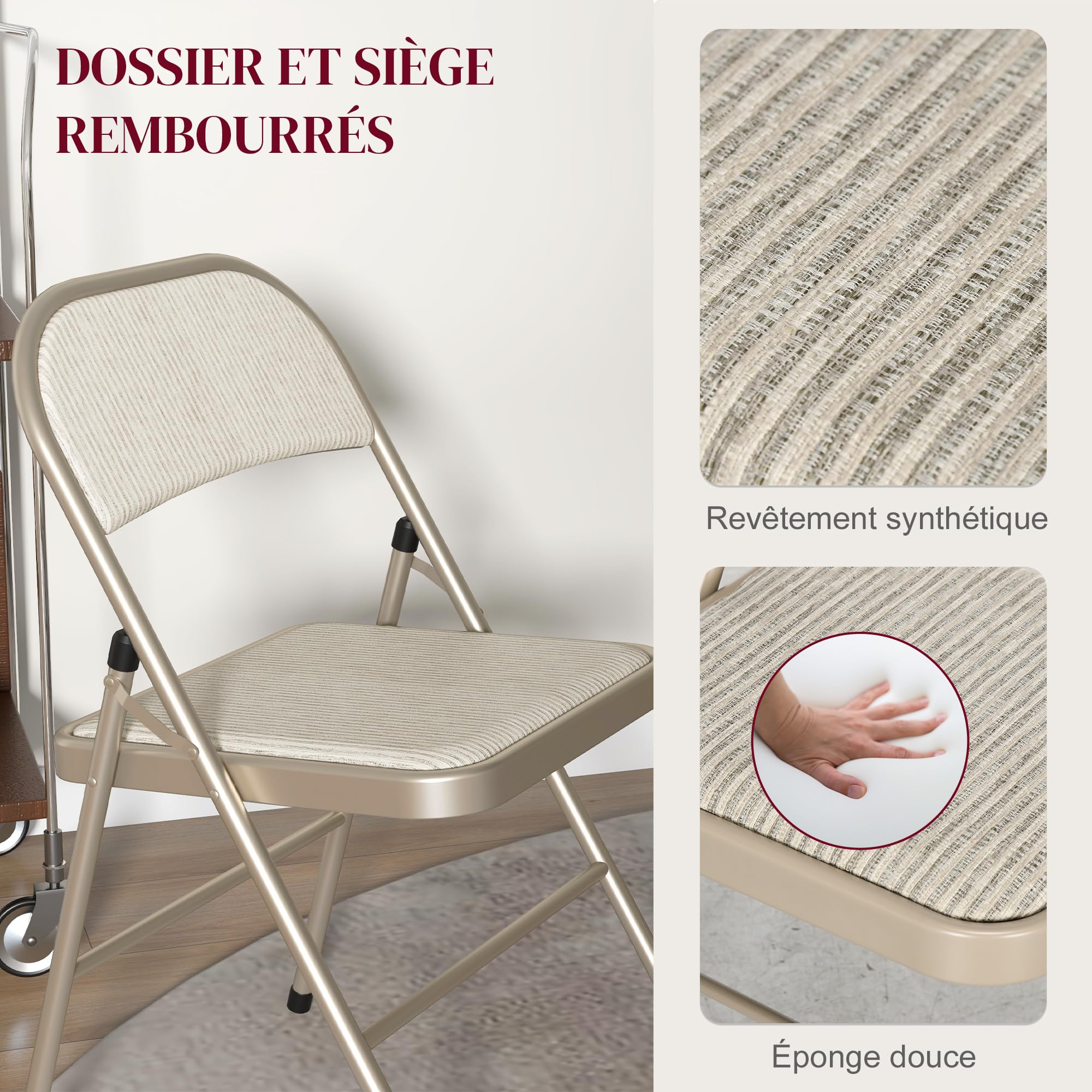 HOMCOM Set van 6 klapstoelen voor eetkamer, draagbaar, opvouwbaar, voor binnen, met linnen kussen en stalen frame, afmetingen: 45 x 46 x 78 cm, beige
