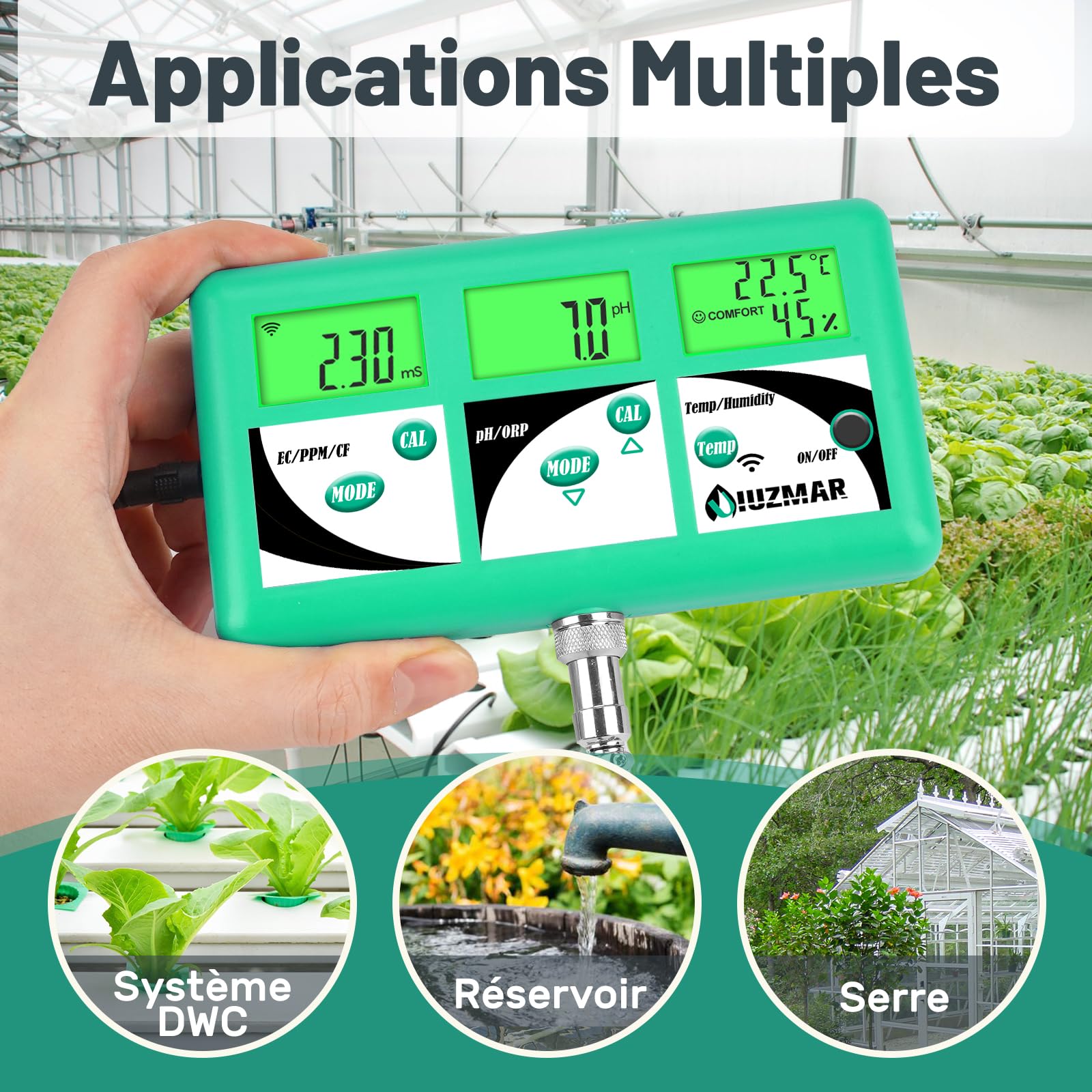 UIUZMAR pH EC TDS Moniteur pour Hydroponie 7 en 1 | pH EC PPM CF Température Testeur D'humidité De L'air Pour L'aéroponie Contrôler La Conductivité pH De La Solution Nutritive