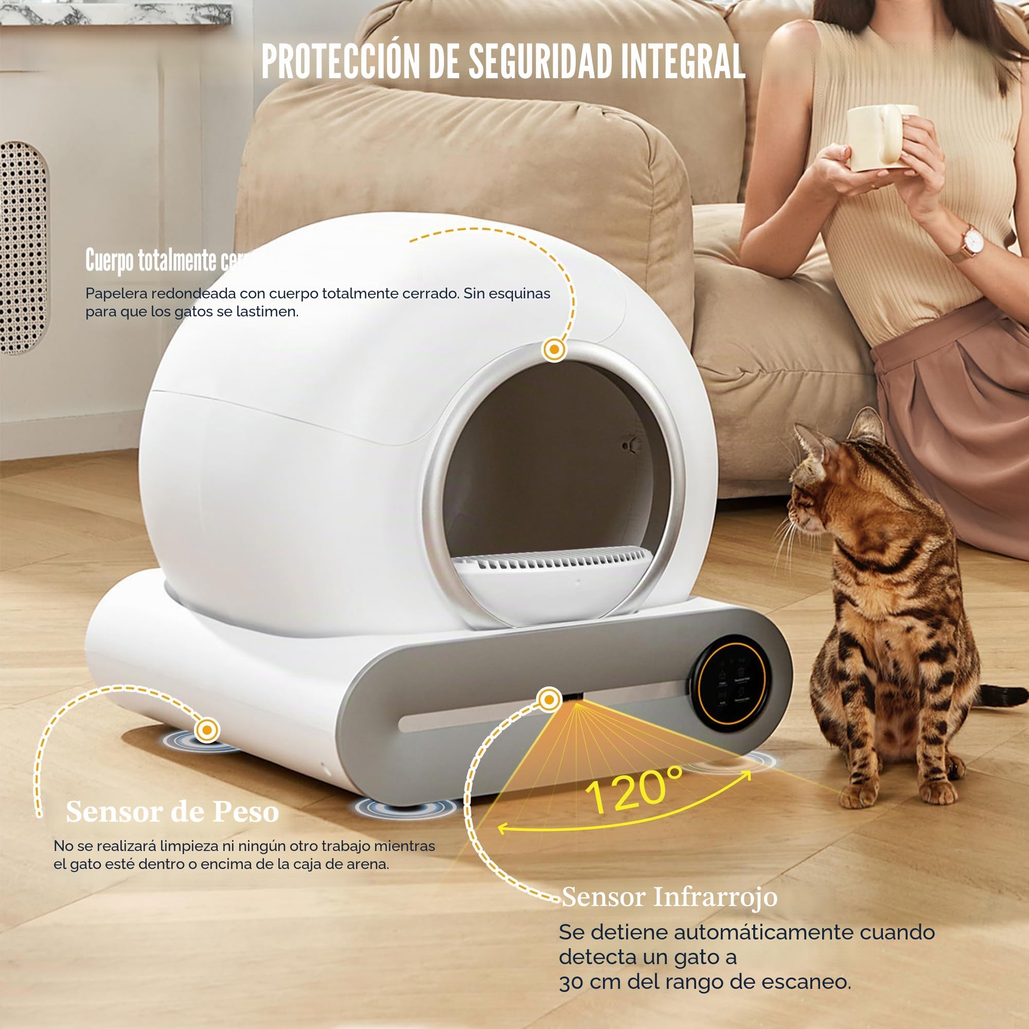 Caja de Arena Autolimpiable para Gatos Con Detector de Infrarrojos y Sensores de Peso, Eliminación de Olores, Gran Capacidad de 65 L + 9