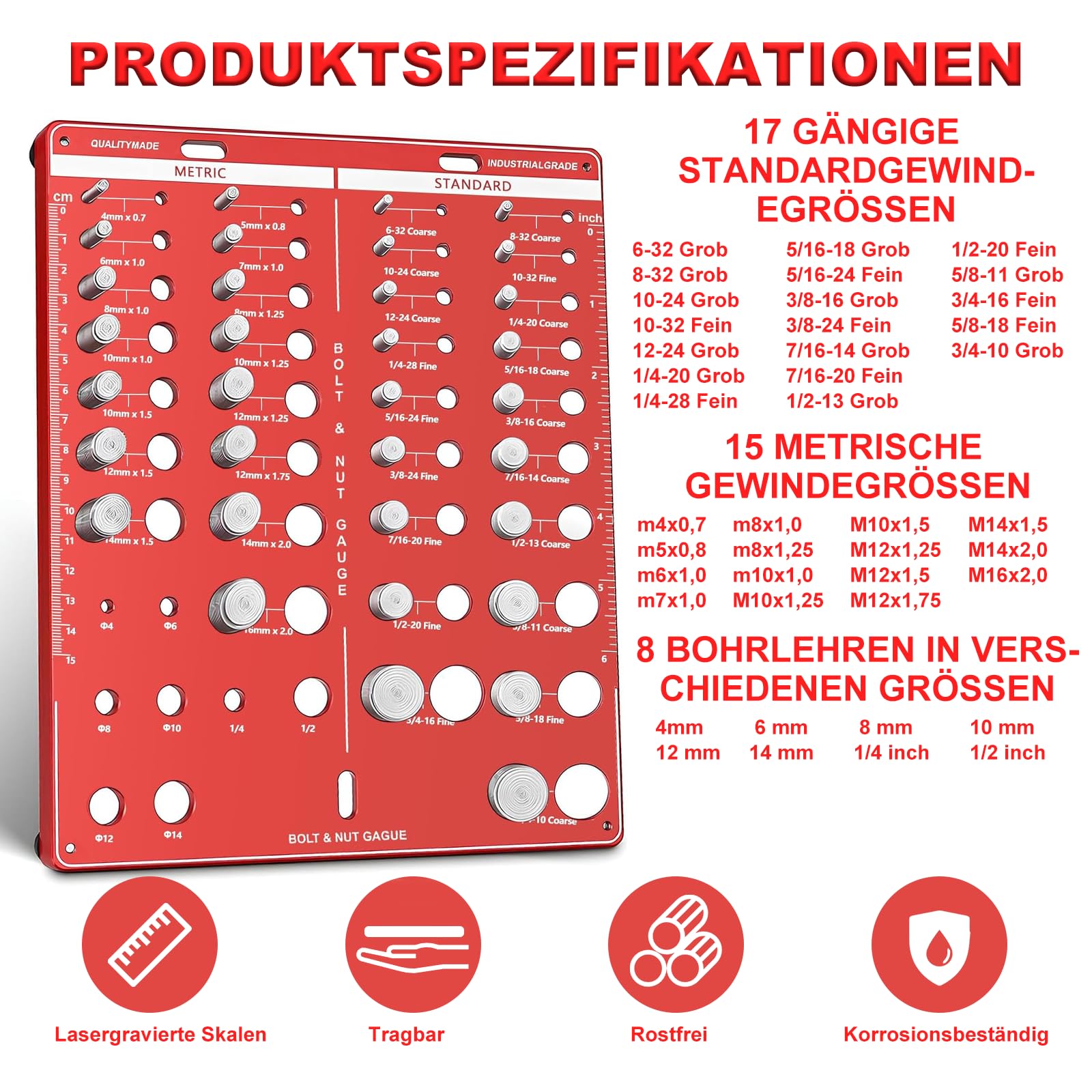 44Löcher Gewindelehre Thread Checker - 4 in 1 Aluminiumlegierung Gewindeprüfer, mit Metrische & Imperiale Gewinde, für Messung Der Abmessungen von Muttern und Schrauben, Länge und Durchmesser Messen