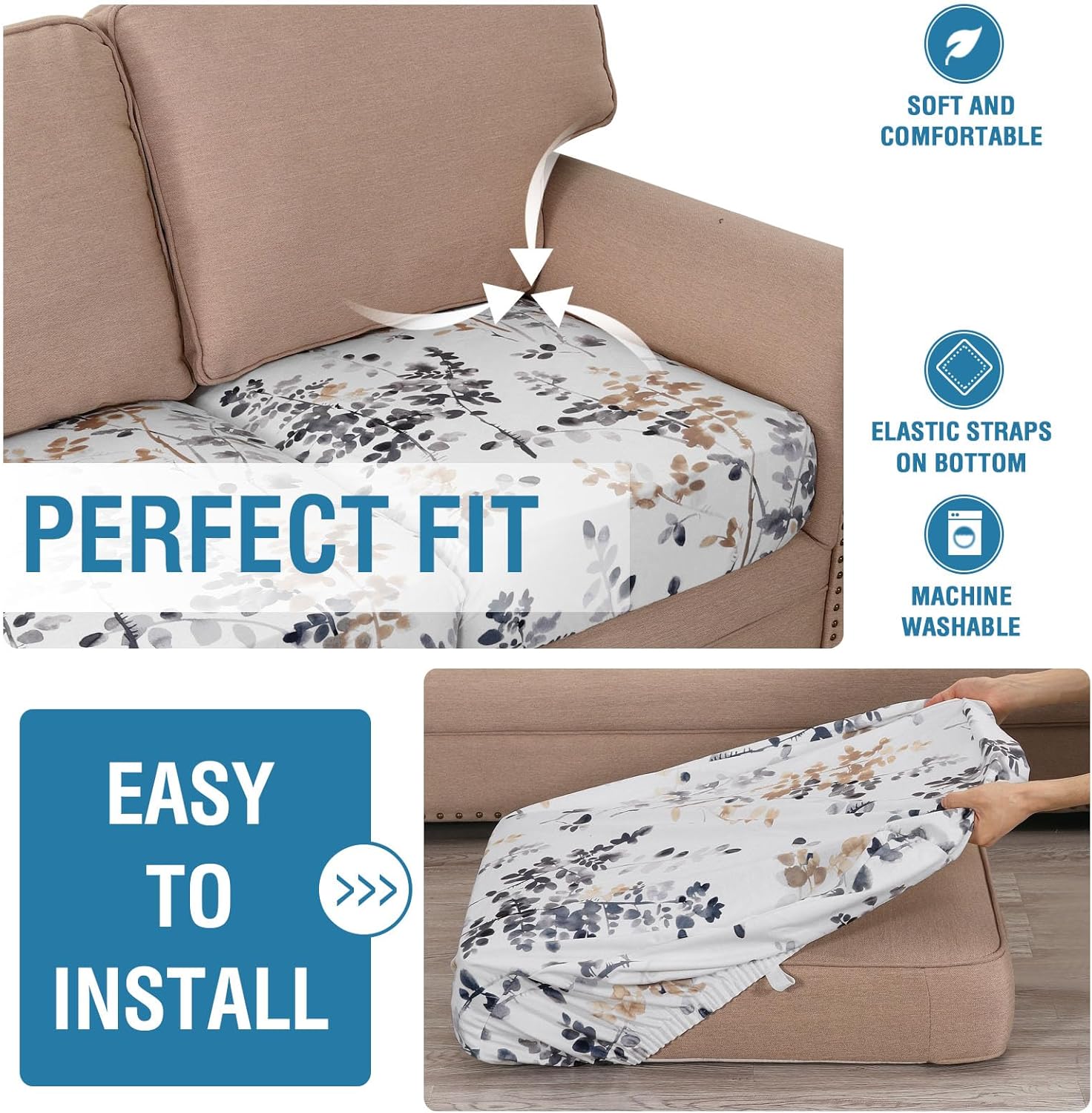 H.VERSAILTEX Velvet Couch Cushion Cover Soft Sturdy Sofa Slipcovers for 2 Cushion Couch Thick Durable Sofa Seat Slipcovers Sets(2 Pack, Classical Floral - Bluestone and Taupe)