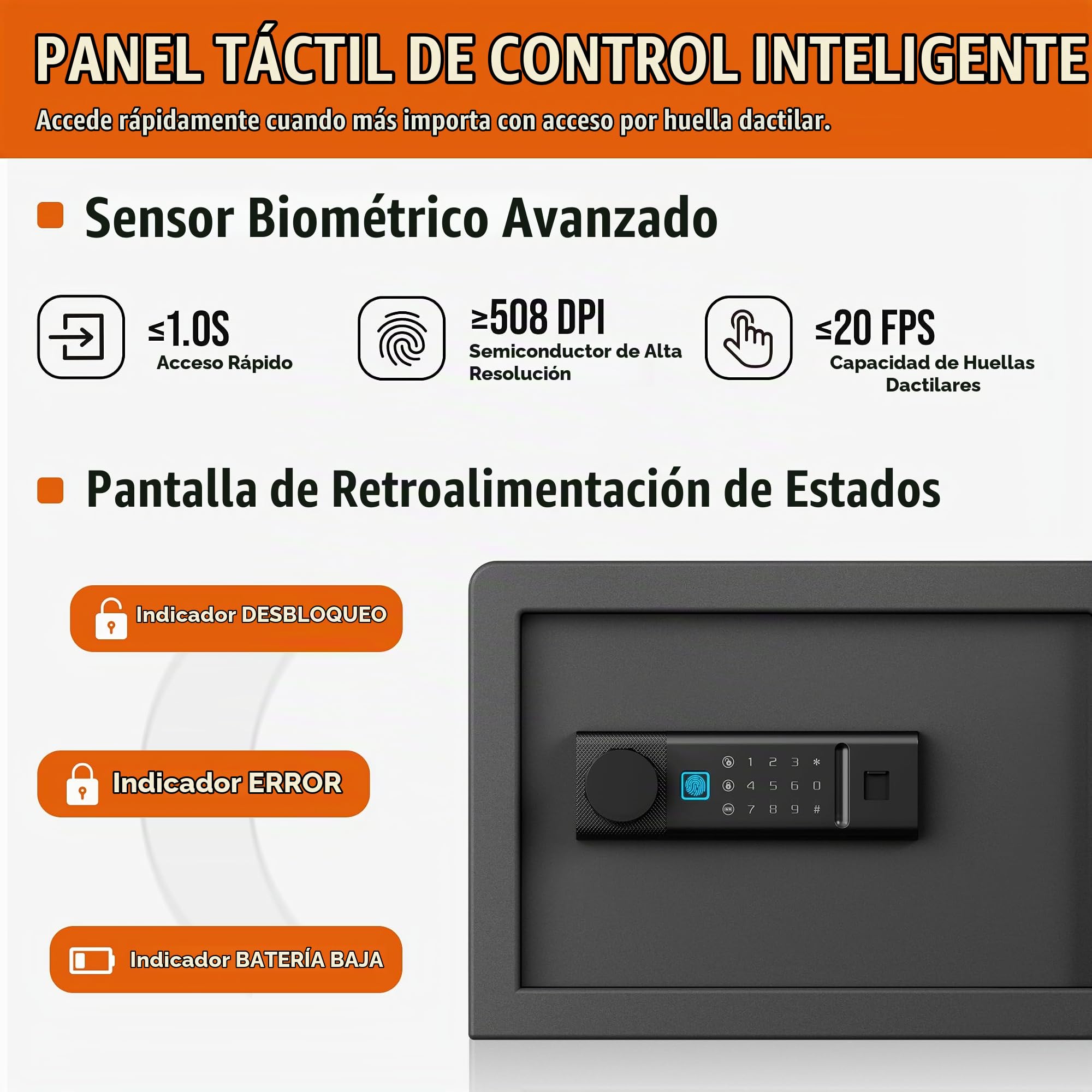 RPNB Caja fuerte biométrica retroiluminada Touchpad pequeña caja fuerte para el hogar con puerto USB-C de emergencia luz indicadora caja fuerte de acero de aleación para dinero y joyas 14L