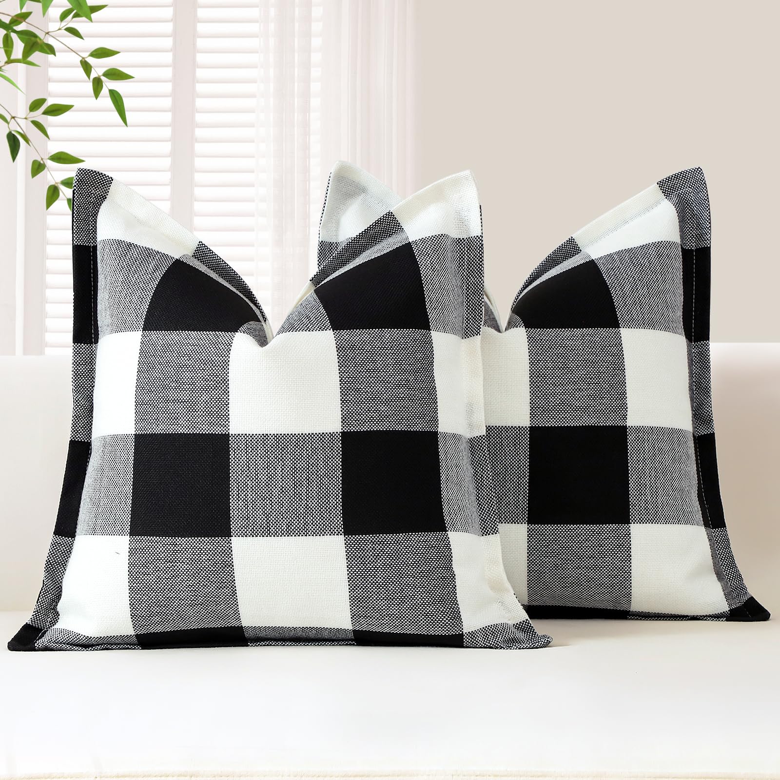 Sungeek Buffalo Check Plaid Cushion Covers 45 x 45 Set of 2 Linen Christmas Tartan Decorative Square Pillow Covers with Stitched Edge for Sofa Couch Bed Living Room 18x18 Inch (White and Black) — image 1