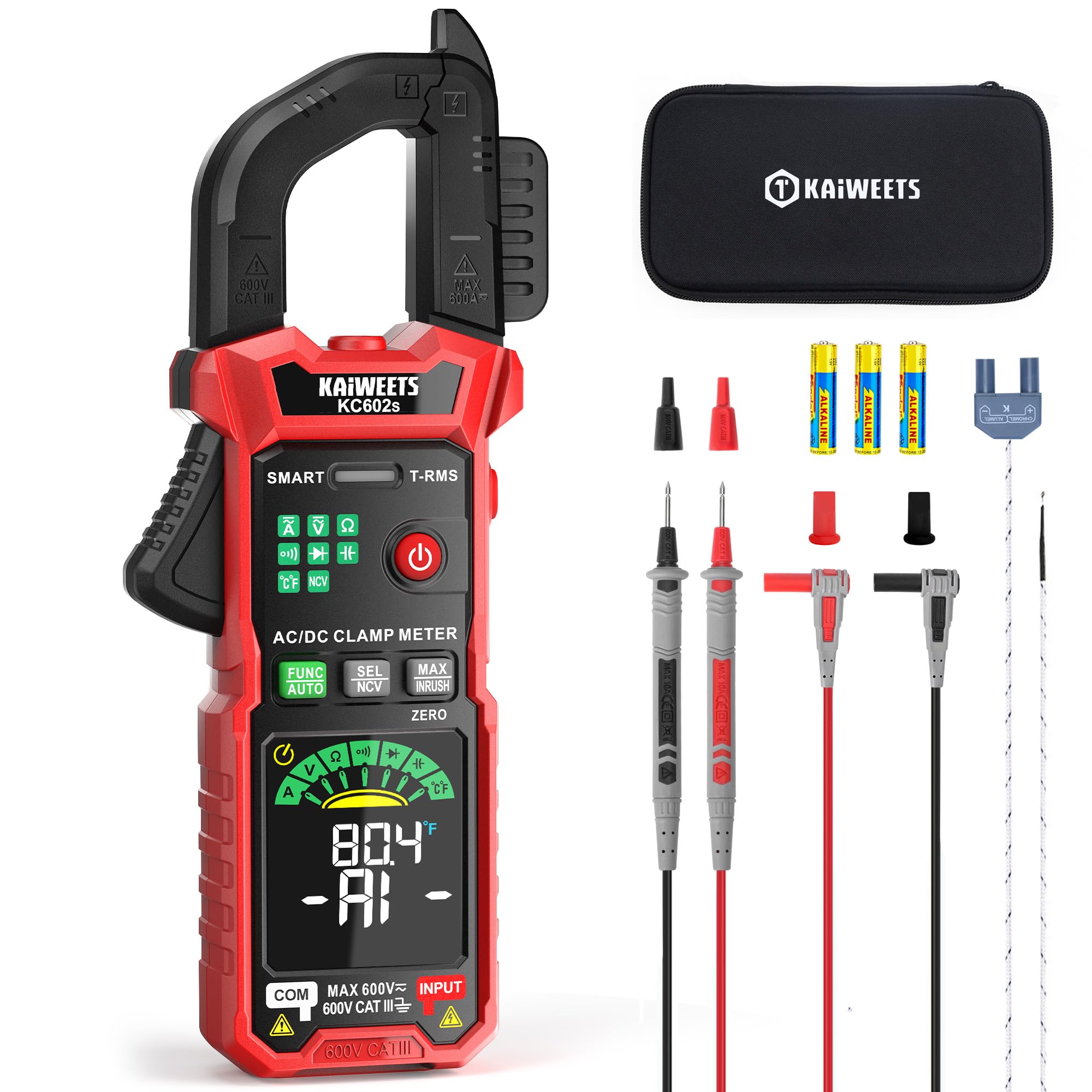 KAIWEETS Zangenmessgerät AC/DC Zangenmultimeter mit Auto-Modus, True RMS, NCV-Erkennung, Einschaltstrom, Frequenz, 6000 Counts Digitalmultimeter KC602s