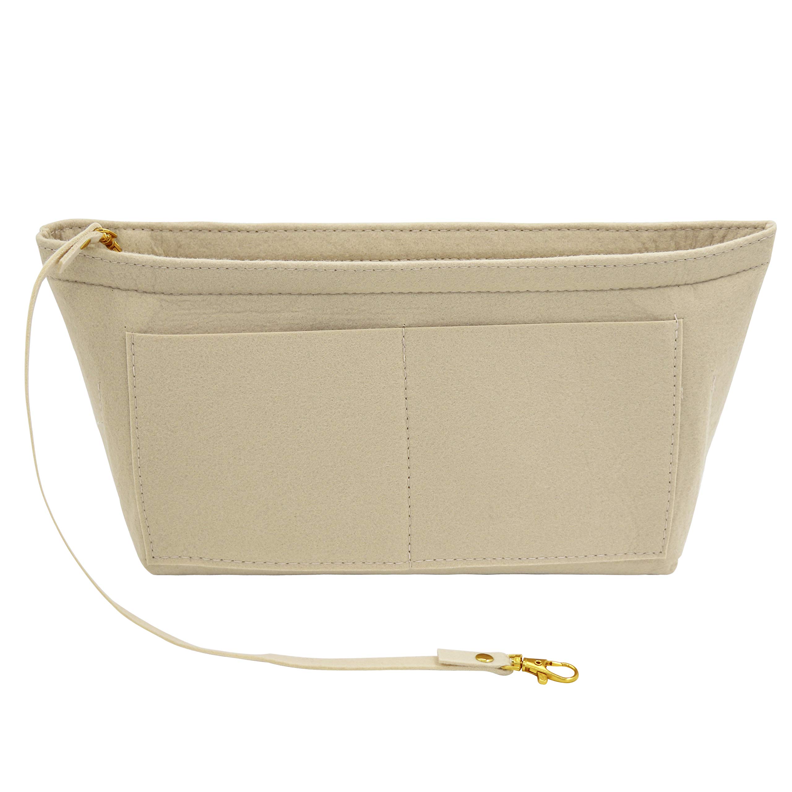 Fovasen Felt Handbag Organiser Insert, Bag Organiser Insert with Handles Keychain, Pocket Purse Cosmetic Storage Bag for Women,Beige-Meidium