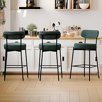 Bar Stools Set of 3, Green 28 Inches Counter Height Stools,Modern Boucle Barstools with Back,Upholstered Bar Chairs for Kitchen Island, Dining Room