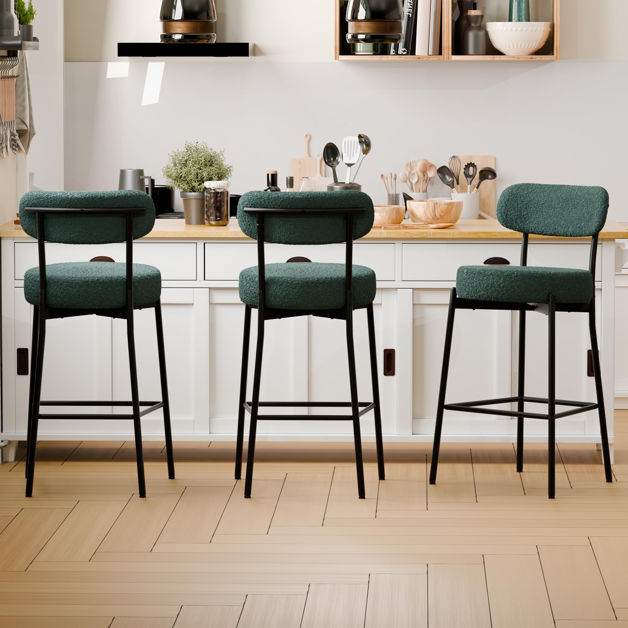 DYHOME Bar Stools Set of 3, Green 27.56 Inches Counter Height Kitchen Island Stools,Boucle Barstools with Back, Mid-Century Modern Bar Chairs for Kitchen Island, Dining Room