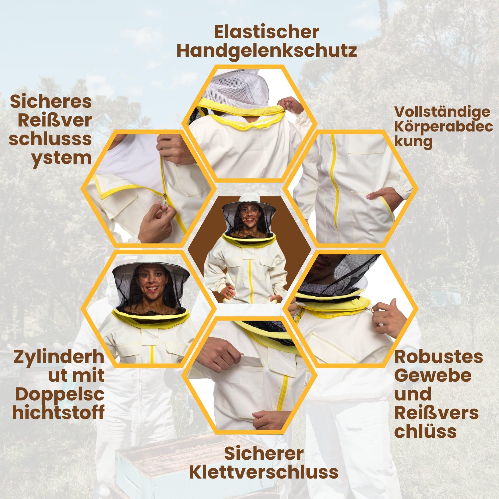 BEEART Professioneller Imkeranzug mit Rundhut Schutzanzug Unisex mit elastischen Bündchen Atmungsaktives Gewebe Reißverschluss Vollständiger Schutz vor Bienenstichen Weiß M-3XL