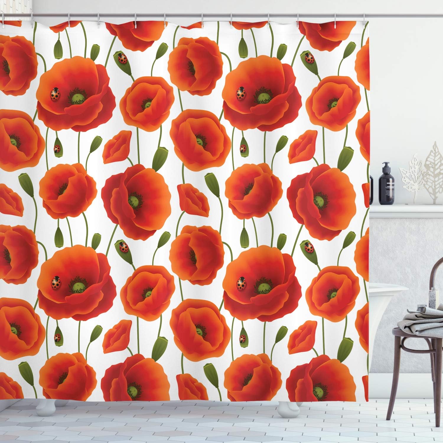 Ambesonne Ladybugs Shower Curtain, Floral Pattern of Poppy Flowers in Vibrant Colors Rural Country Surroundings, Cloth Fabric Bathroom Decor Set with Hooks, 69" W x 70" L, White Green