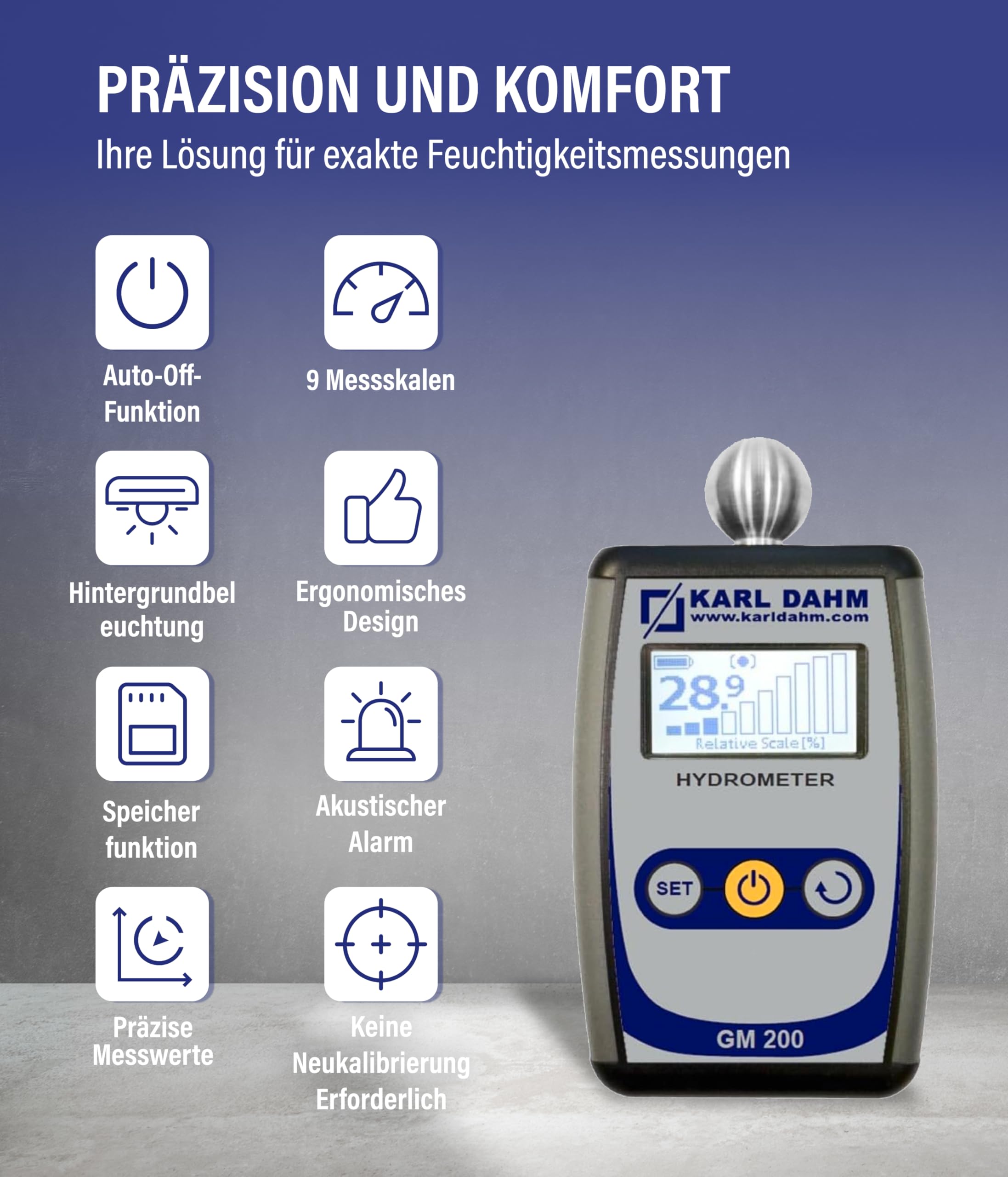 Karl Dahm Feuchtigkeitsmessgerät GM-200 mit Kugel I Perfekt geeignet um Zementestrich, Beton, Gipsputz, Holz zu messen Art.-Nr. 40435