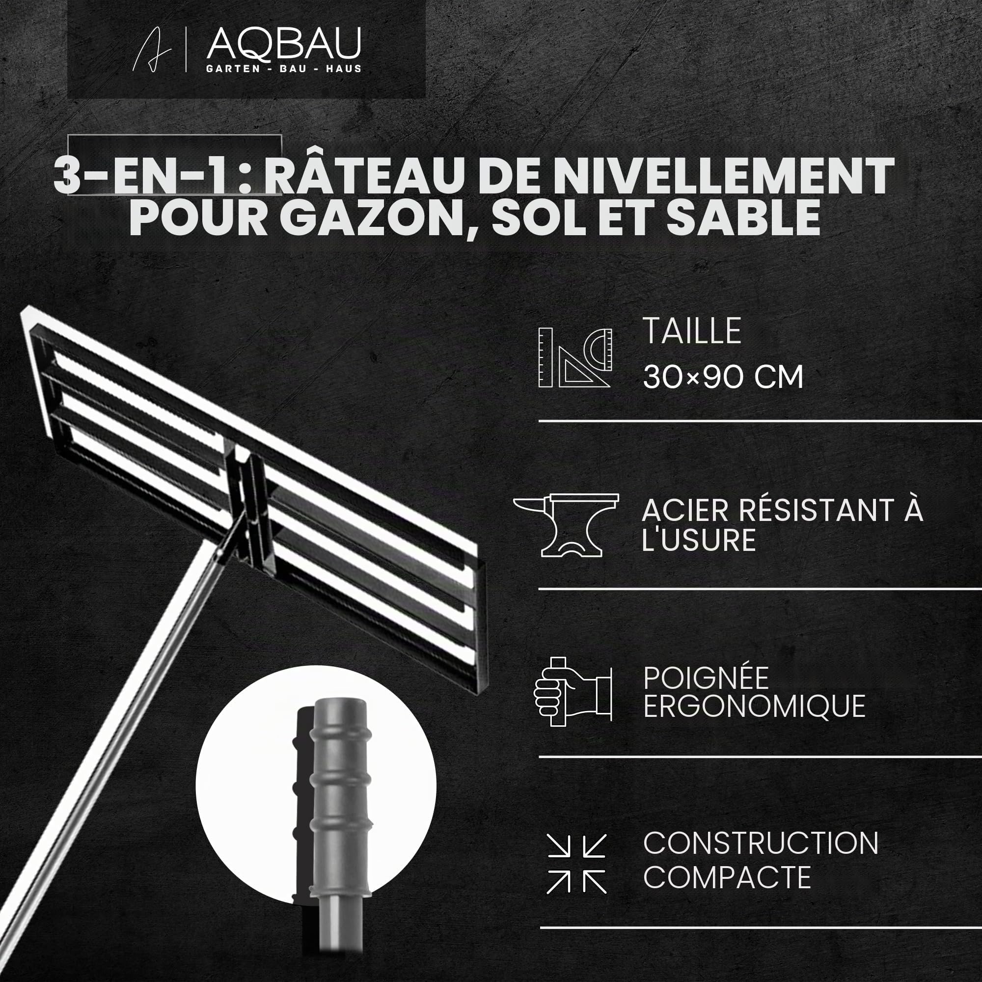 Râteau Niveleur de Pelouse 75x25 cm avec Manche 175 cm – Niveleur de Sol en Acier pour Égaliser Gazon, Répartir Sable et Terre – Outil de Jardin