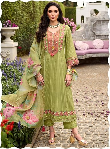 INDO ERA Women's Anarkali Pure Cotton Floral Printed Embroidered Kurta & Pant with Dupatta Set (IEOUT10688)