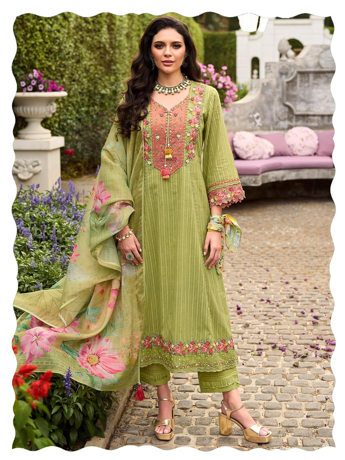 INDO ERA Women’s Anarkali Pure Cotton Floral Printed Embroidered Kurta & Pant with Dupatta Set (IEOUT10688)