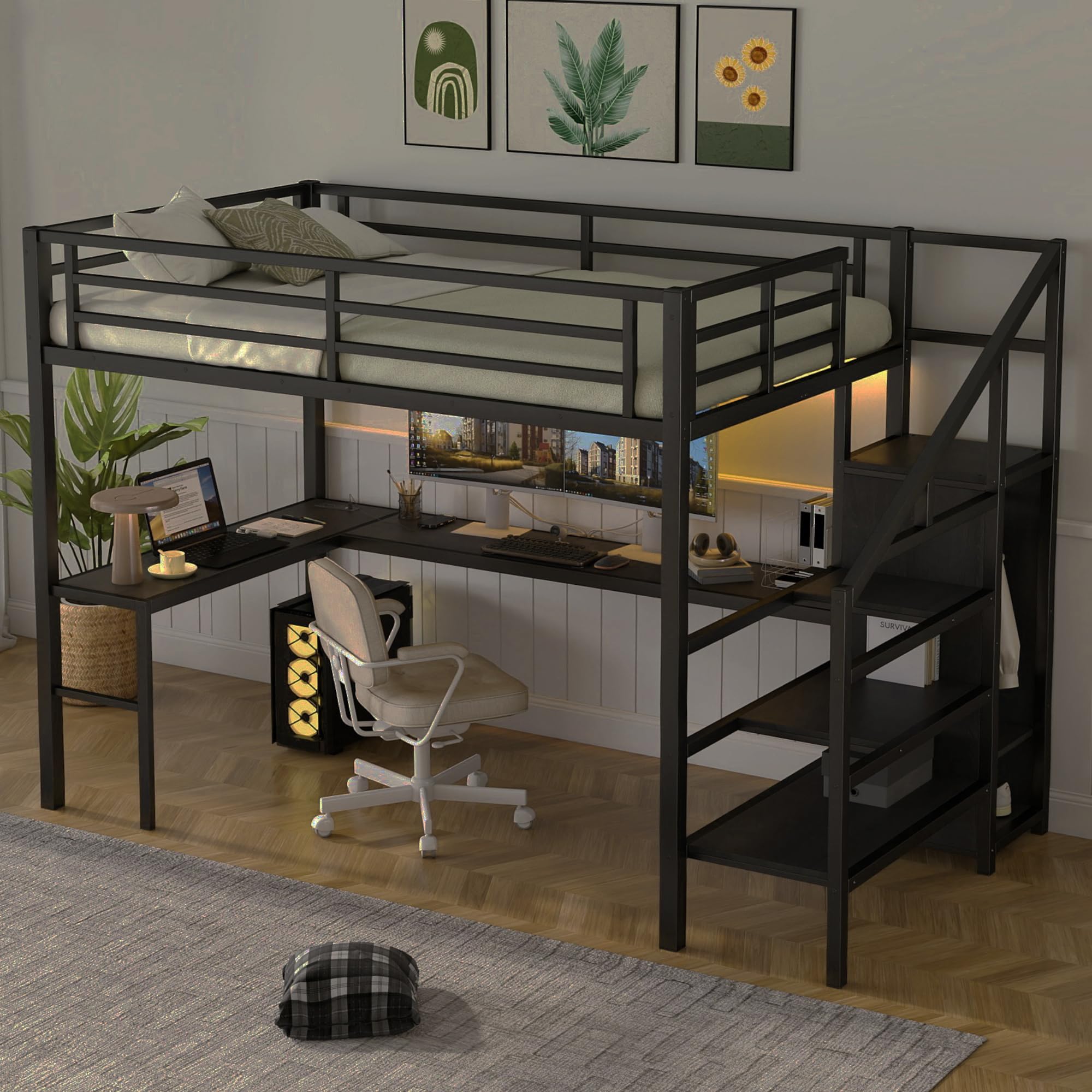 bellemave full size metal loft bed with l shaped desk and wardrobe, heavy duty loft bed frame with storage stairs, led loft bed frame with charging station & safety guardrails, black (incomplete only box #2) 