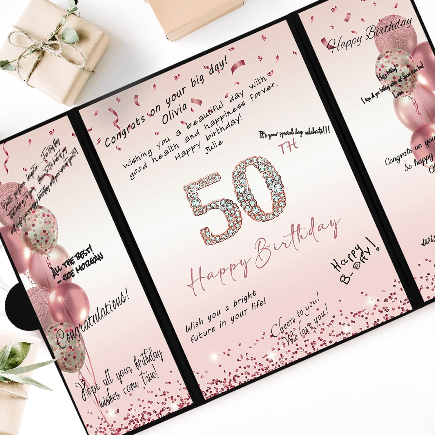 DARUNAXY Rose Gold 50th Birthday Party Decorations for Women, Happy 50th Birthday Alternative Signature Guest Book Black Pink 50 Birthday Signing Card Board Party Supplies Cheers to 50 Years Old Gift - Image 5