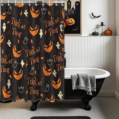 Miniatura 7 de Mocsicka Cortina de ducha de Halloween para baño, divertida cortina de ducha de calabaza con 12 ganchos, cortina de baño de fantasma espeluznante