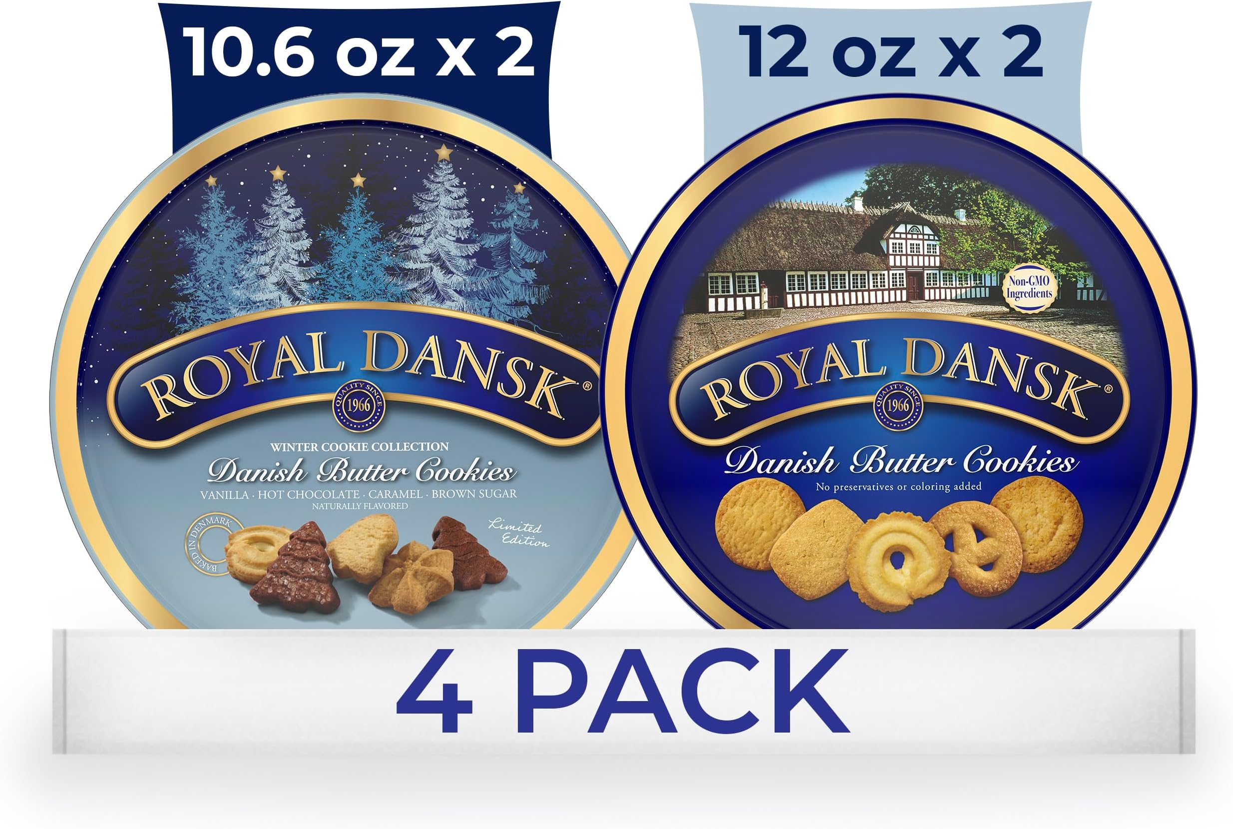 Holiday Cookie 4 Pack, Exclusive Amazon Multipack of Original Danish Butter Cookies, Festive Tins for Christmas Gifts, Made with Real Butter, Non-GMO Ingredients