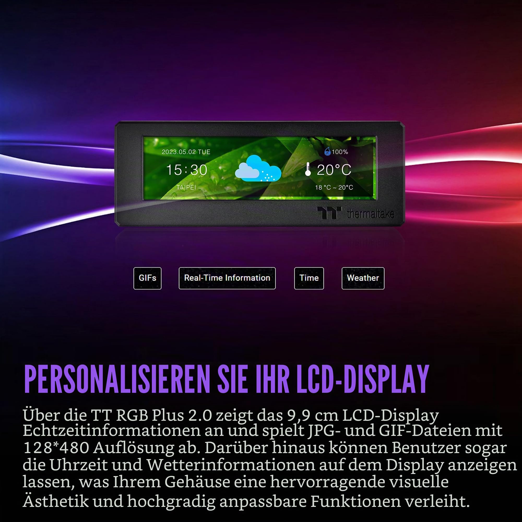 Thermaltake Tower 300 Series LCD Panel Kit; 3,9 Zoll LCD Display; unterstützt durch Tt RGB Plus 2.0 Software; AC-073-OO1NAN-A1; 3 Jahre Garantie
