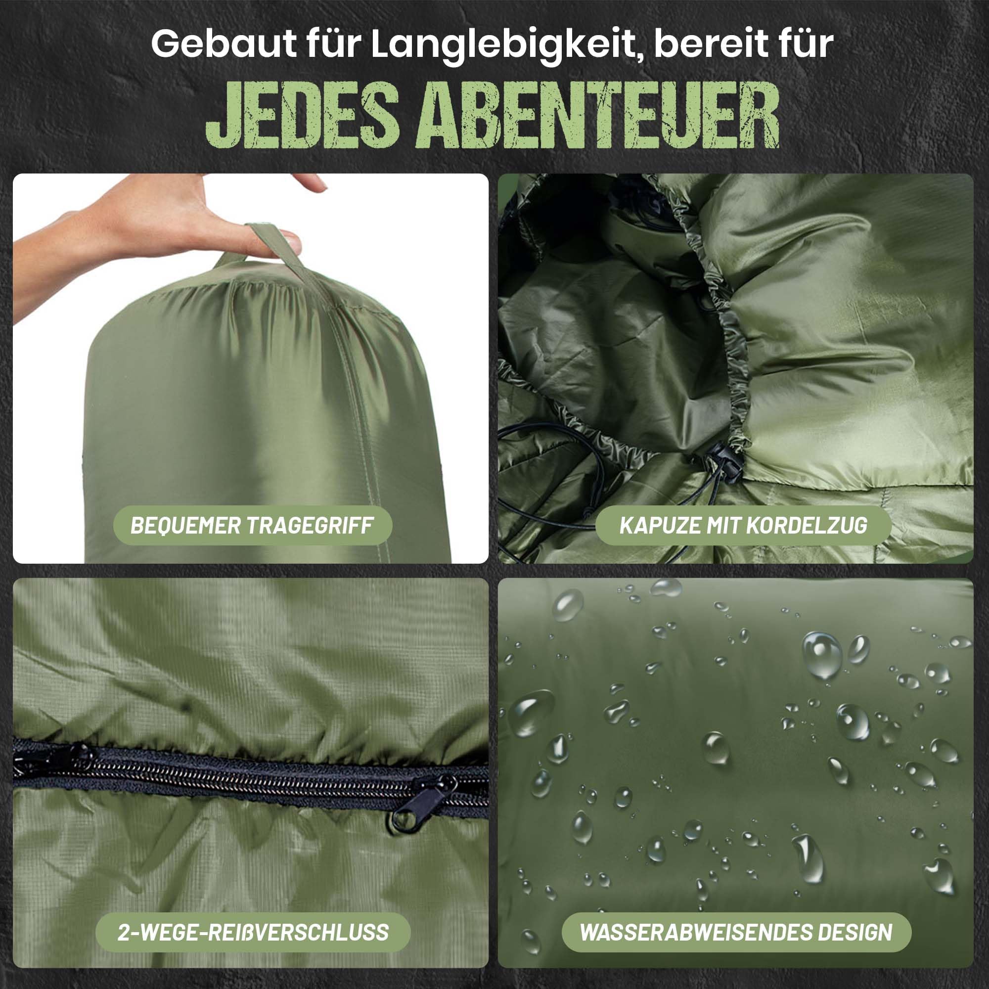 Mumien-Schlafsack Thermo 3-Jahreszeiten High-Tech Mikrofaser Schlafsack bis -13°C; Leicht, Kompakt, Warm (Olivgrün)